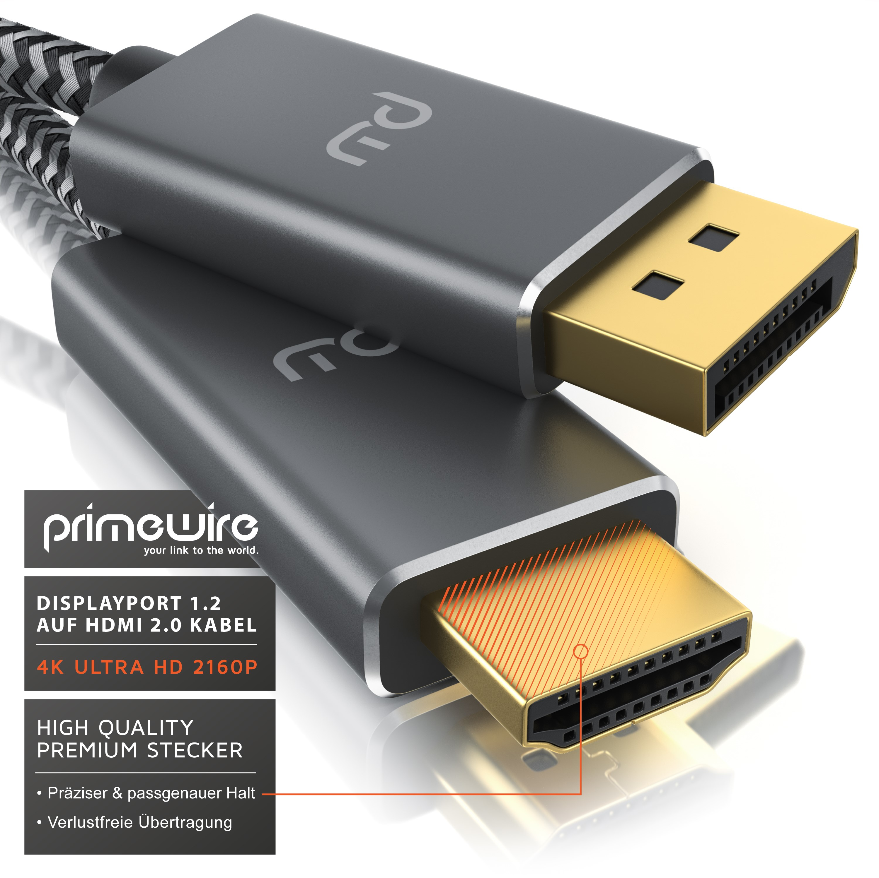 Zwei vergoldete DisplayPort-zu-HDMI-Stecker mit grauem Metallgehäuse und geflochtenem Kabel auf weißem Hintergrund.