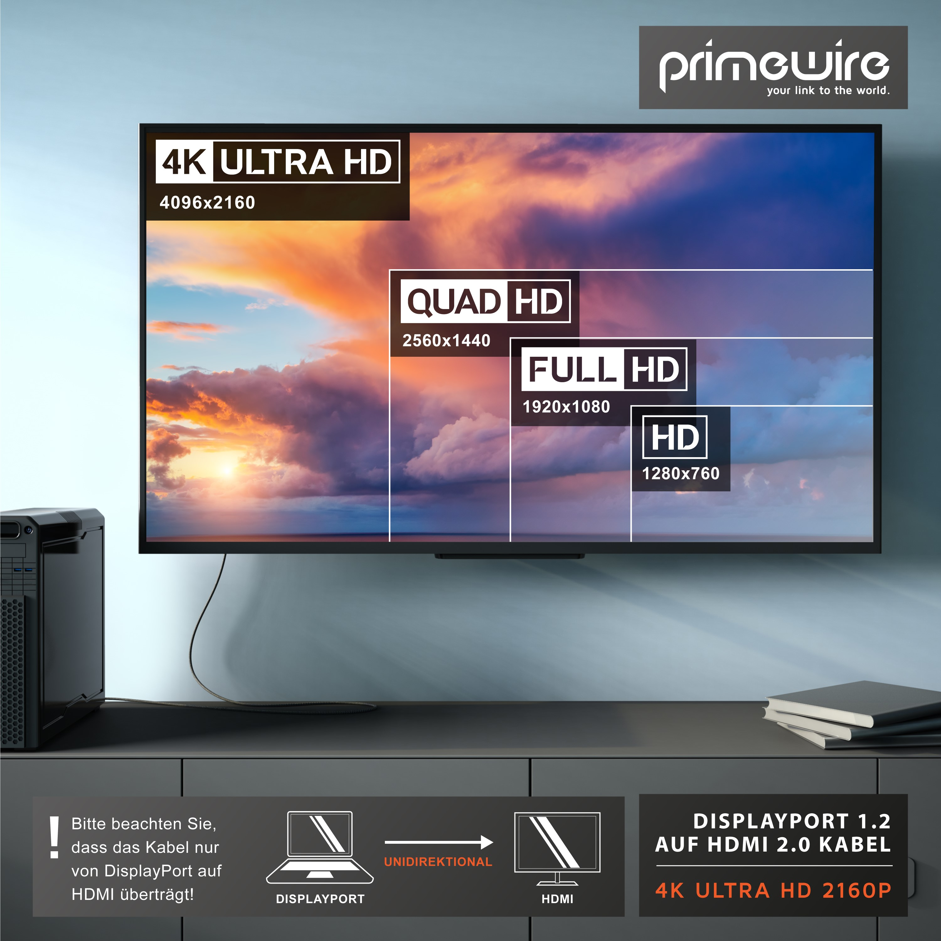 DisplayPort zu HDMI 2.0 Kabel, das UHD 4K, QHD, Full HD und HD Auflösungen unterstützt.