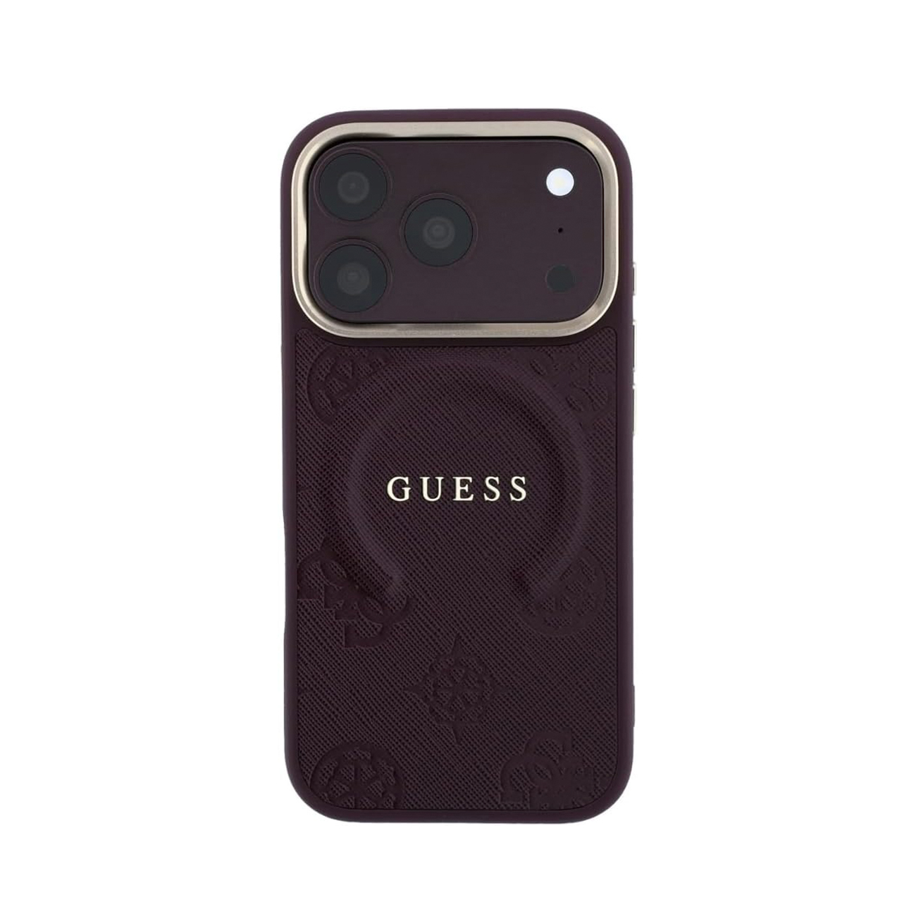 Funda de móvil Guess morada oscura con detalles dorados, logotipo y tres aberturas para cámara.
