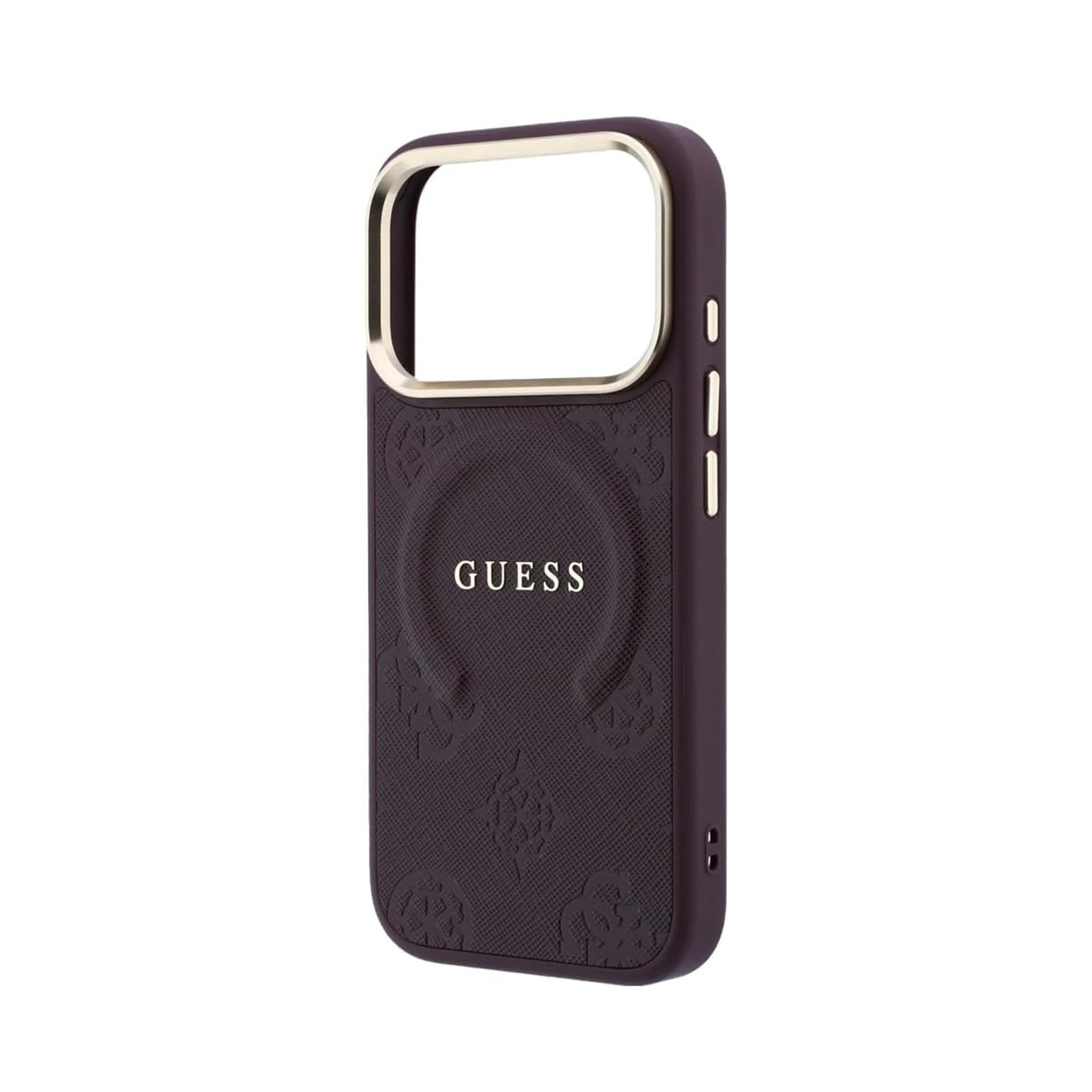 Funda de móvil Guess de color morado oscuro con detalles dorados y logotipo grabado.