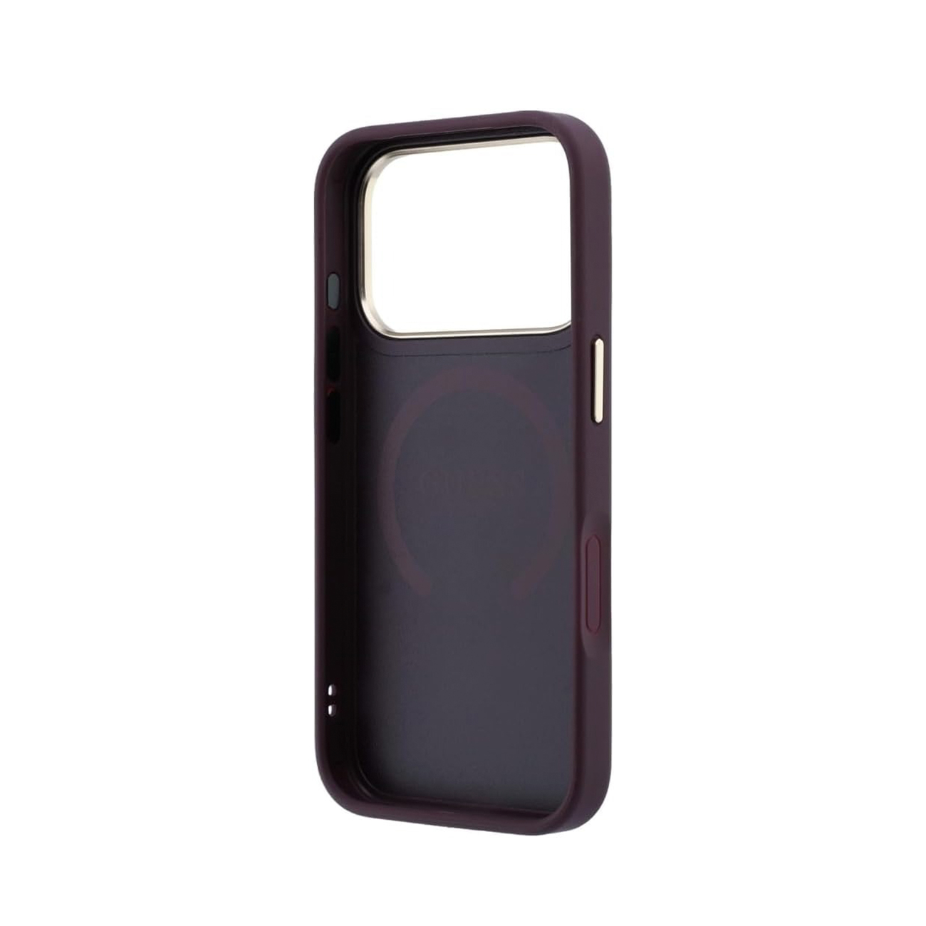 Funda de móvil morada oscura con anillo magnético y botones metálicos sobre fondo blanco.