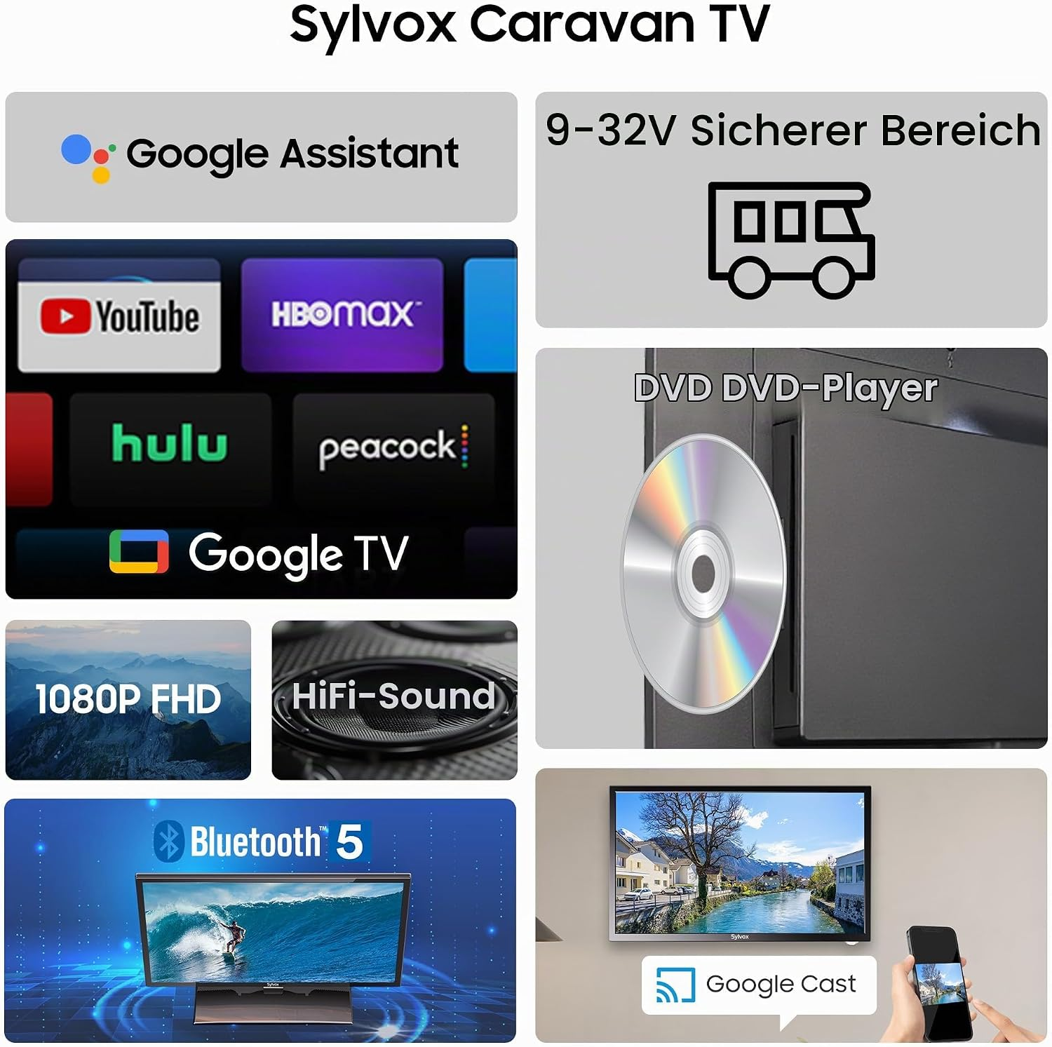 Sylvox Caravan TV bietet Google TV, 1080P FHD, HiFi-Sound, Bluetooth 5, integrierten DVD-Player und Google Cast Unterstützung.