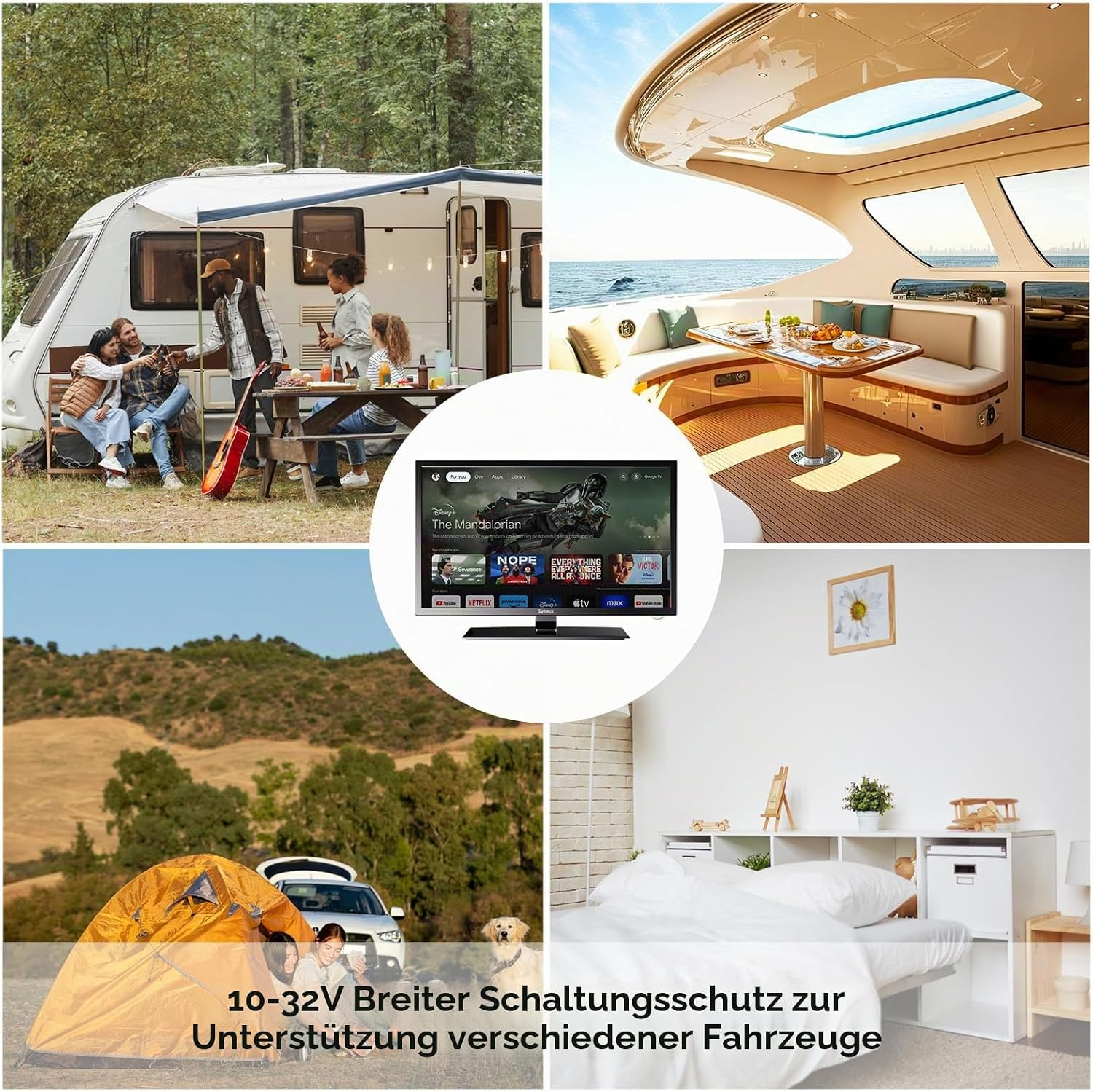 Eine Collage zeigt einen Wohnwagen, ein Luxusboot, ein TV-Menü, ein Zelt und ein Schlafzimmer.