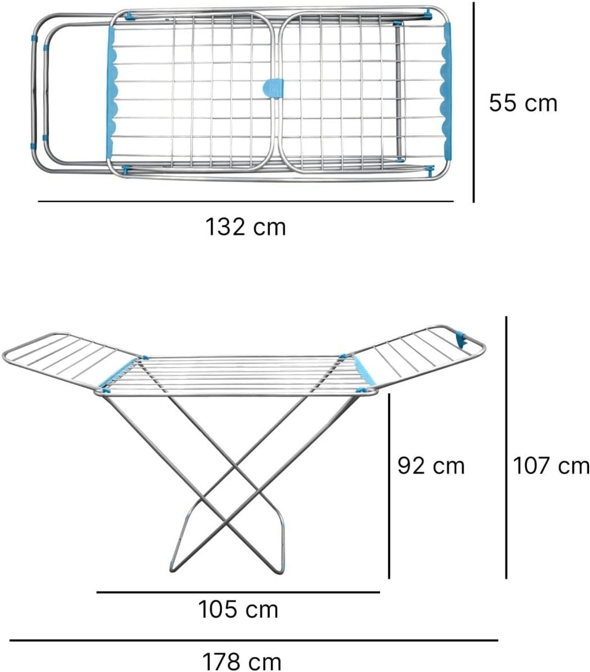 Tendedero plegable de metal con detalles azules, con dimensiones mostradas en centímetros.