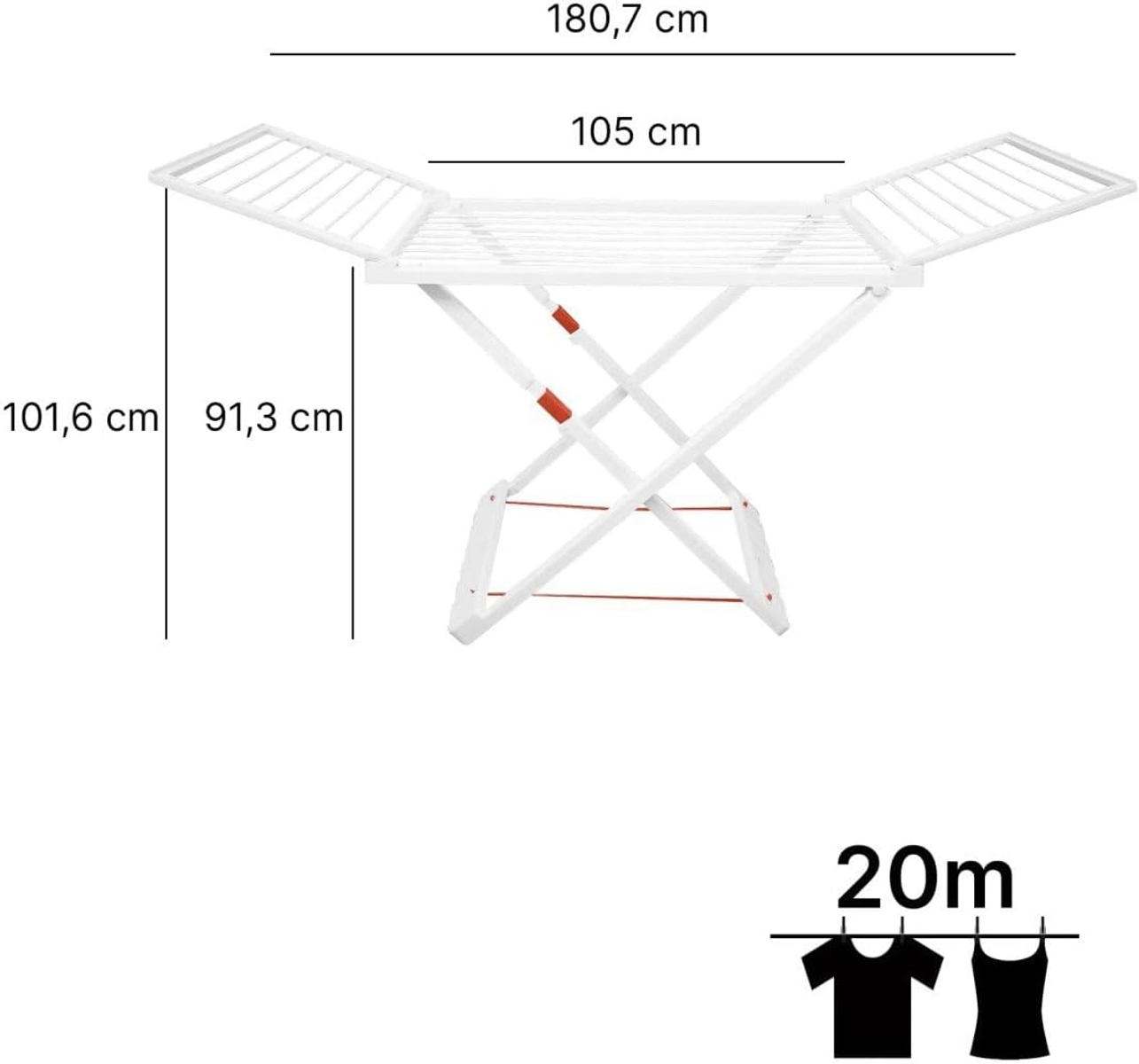 Tendedero plegable blanco con dimensiones y icono de 20m de capacidad.
