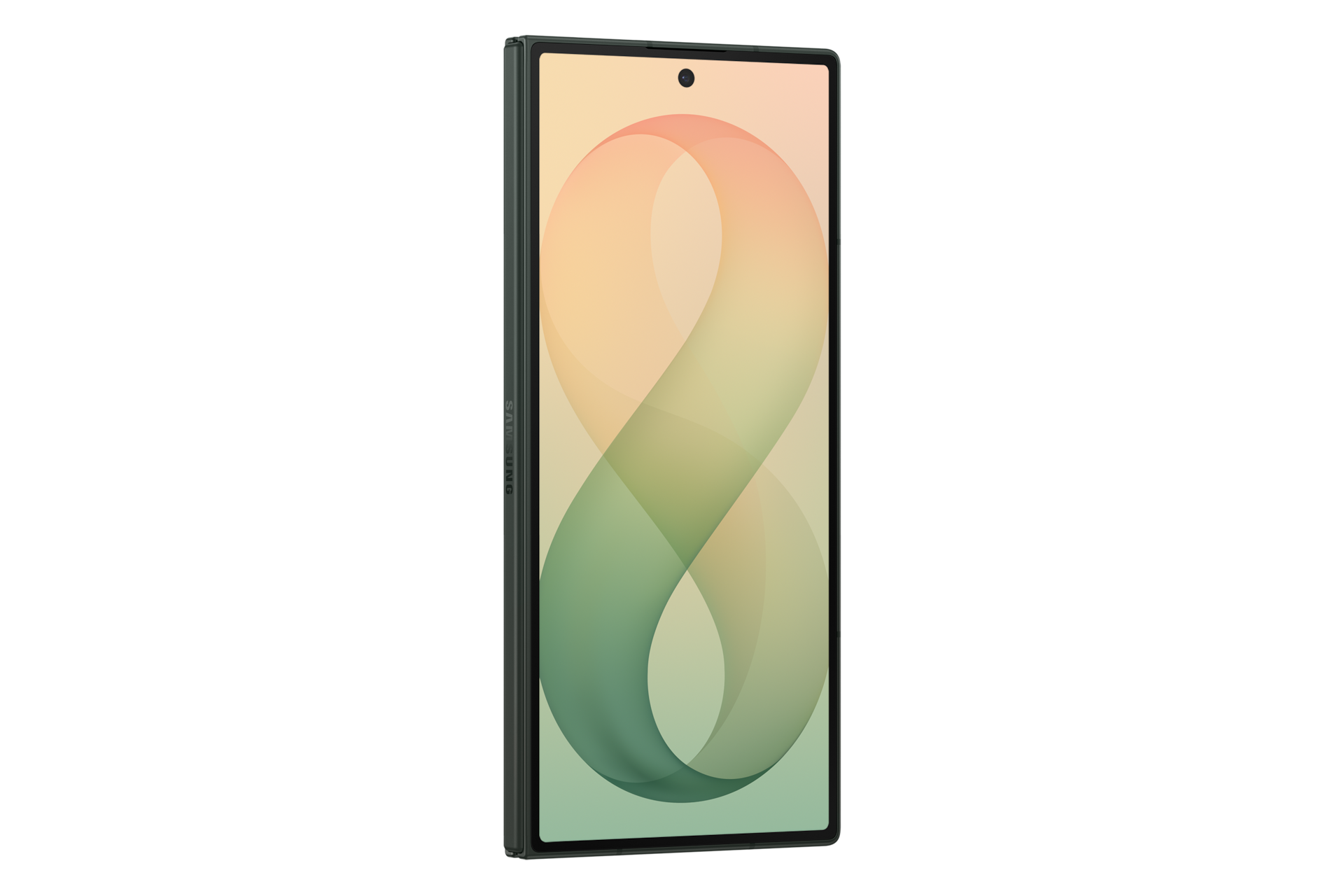 Uno smartphone con cornice scura e sfondo astratto verde e arancione sullo schermo su sfondo nero.