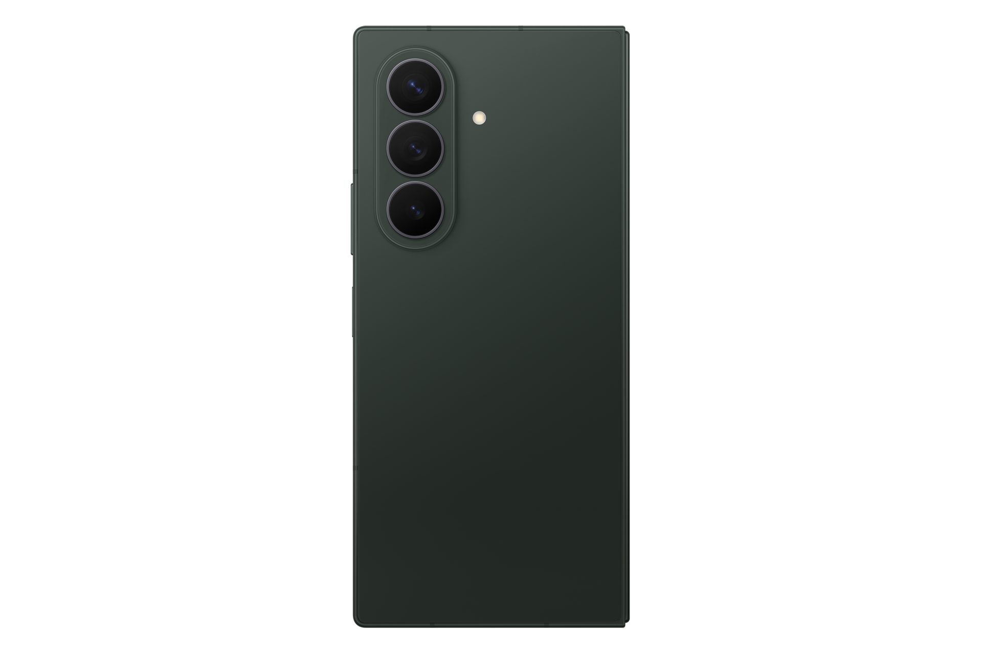 Vista posteriore di smartphone verde scuro con tre obiettivi verticali e un flash su sfondo nero.