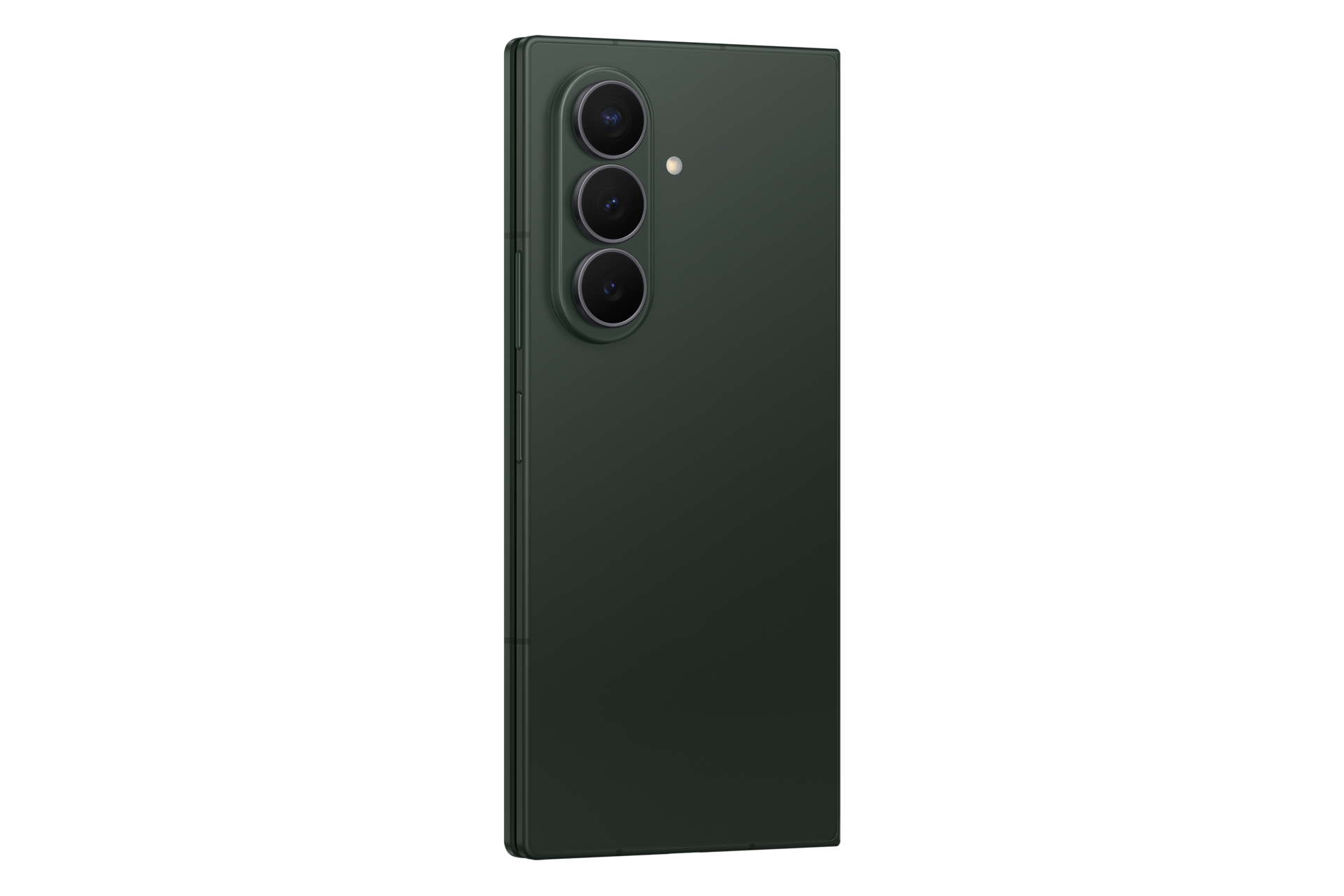 Vista posteriore di uno smartphone verde scuro con tre fotocamere verticali su sfondo nero.