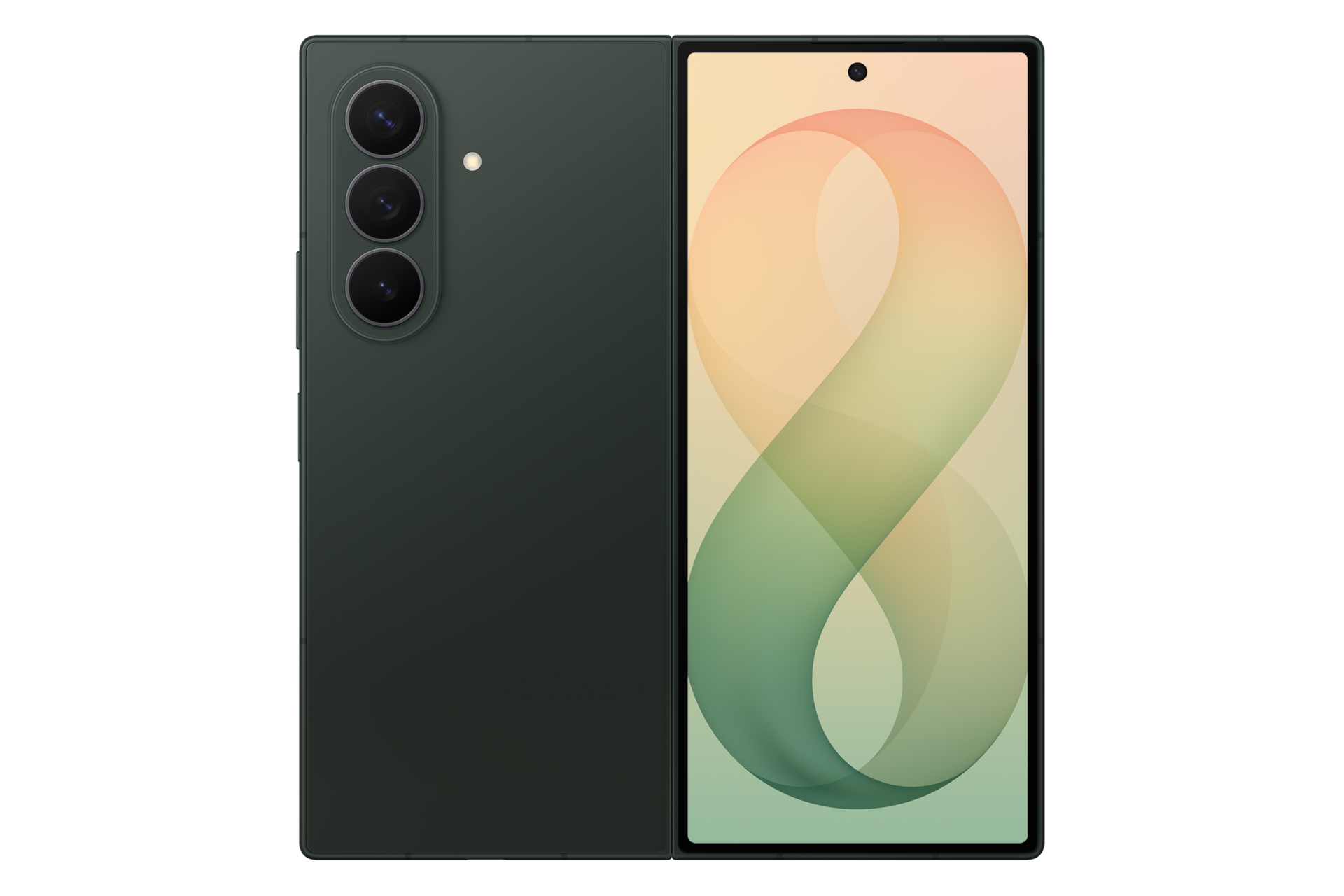 Smartphone verde scuro con tre fotocamere posteriori e display colorato.