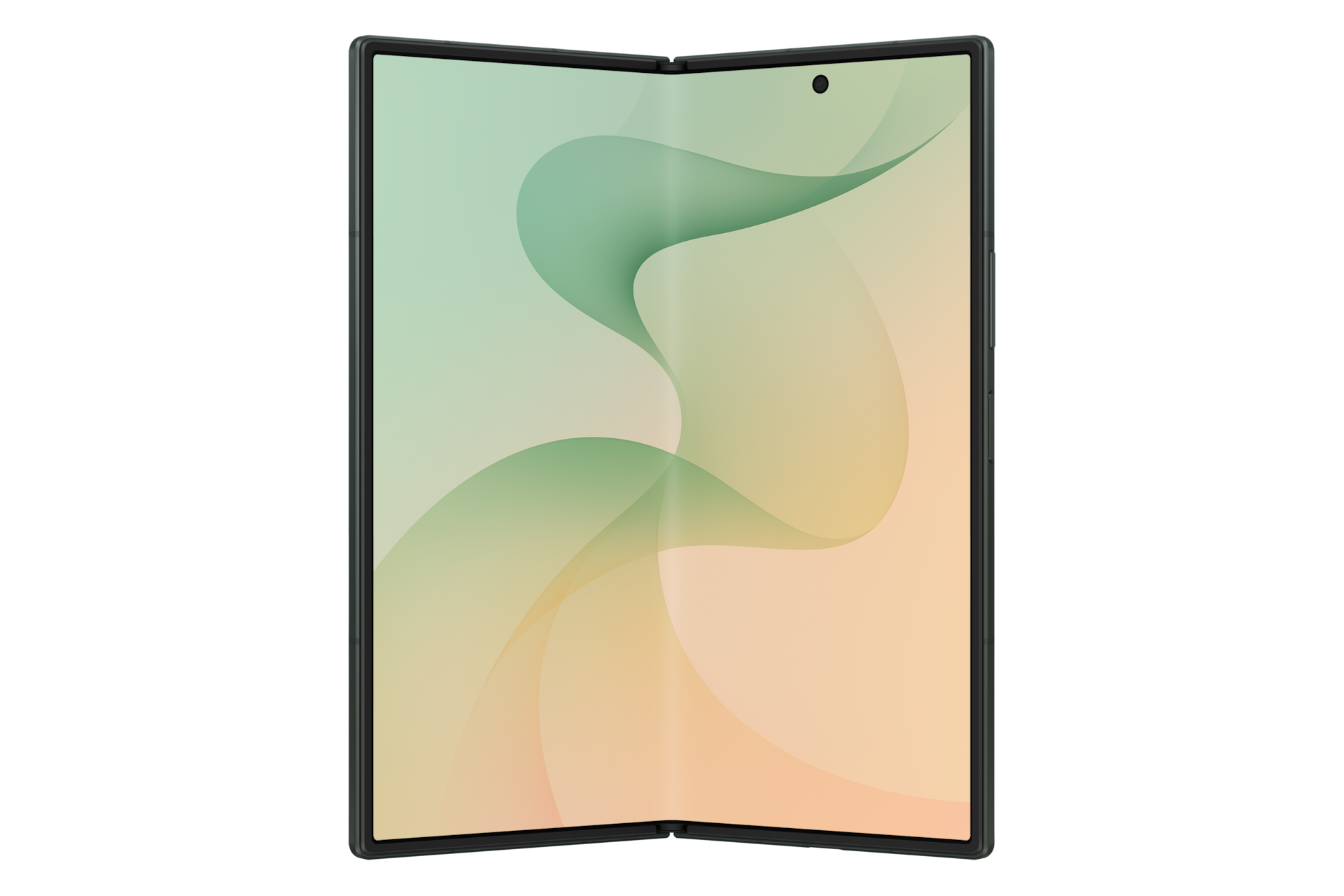 Uno smartphone pieghevole aperto con uno sfondo astratto sfumato e ondulato in verde e pesca.