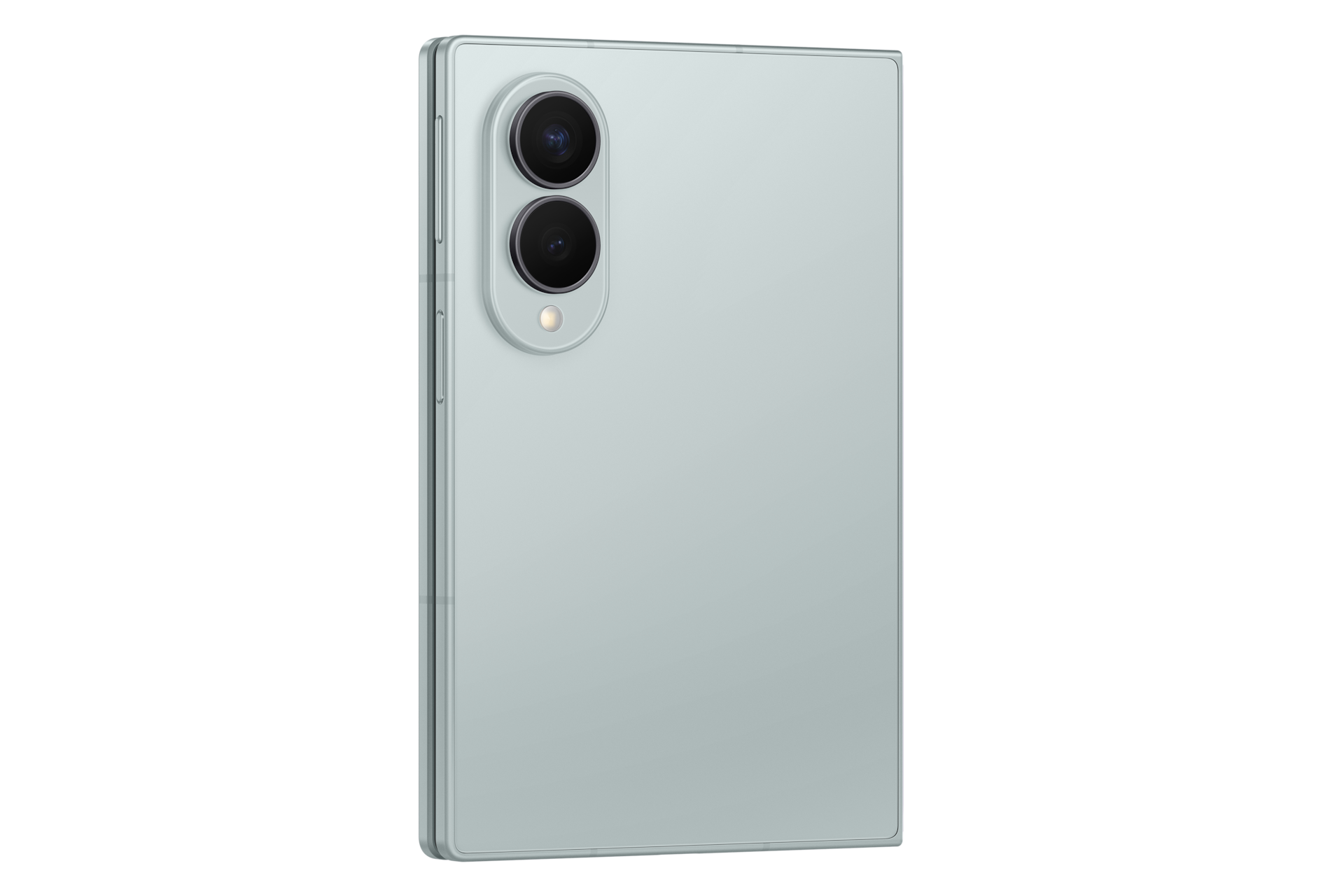 Retro di uno smartphone pieghevole verde chiaro con modulo a doppia fotocamera verticale su sfondo nero.