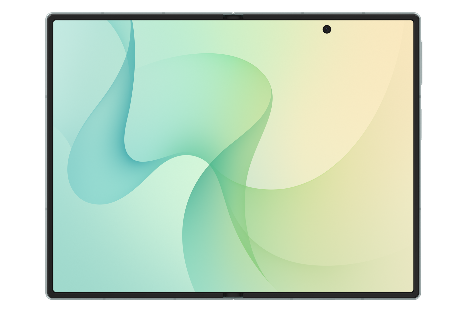 Un tablet con cornici sottili mostra un design astratto e fluido in morbidi colori pastello.