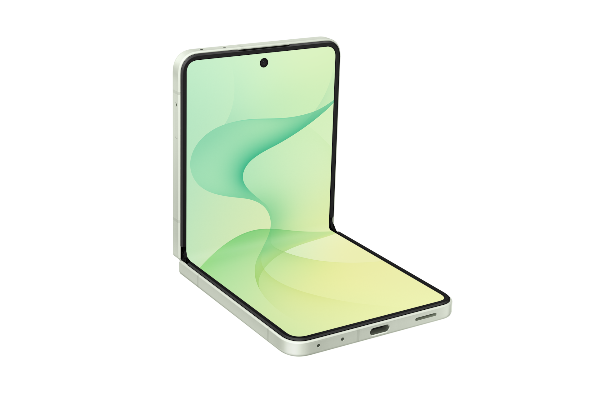 Uno smartphone pieghevole verde chiaro è mezzo aperto su sfondo nero, con uno sfondo a onde verdi e gialle.