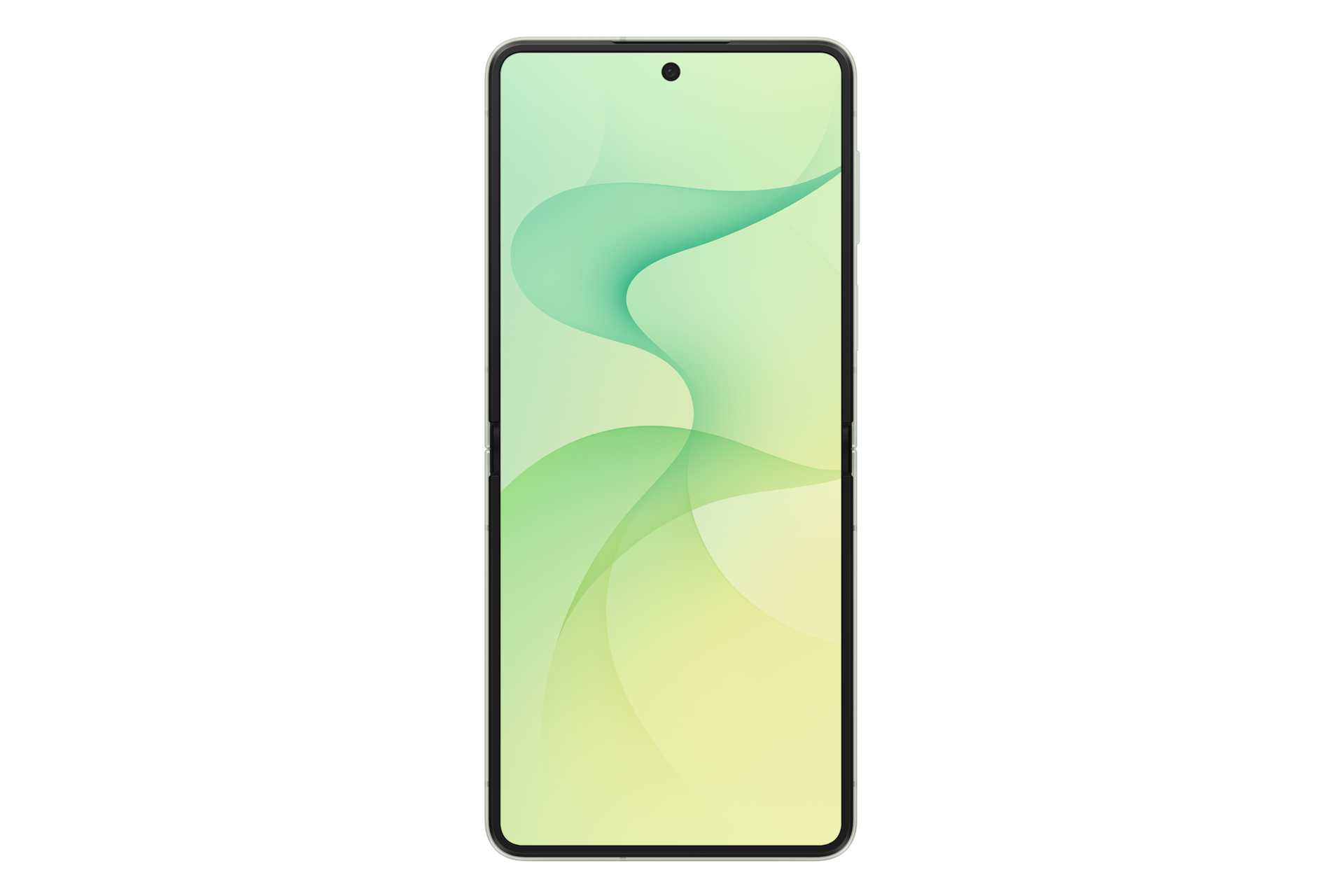 Uno smartphone che mostra uno sfondo astratto ondulato verde chiaro sullo schermo.