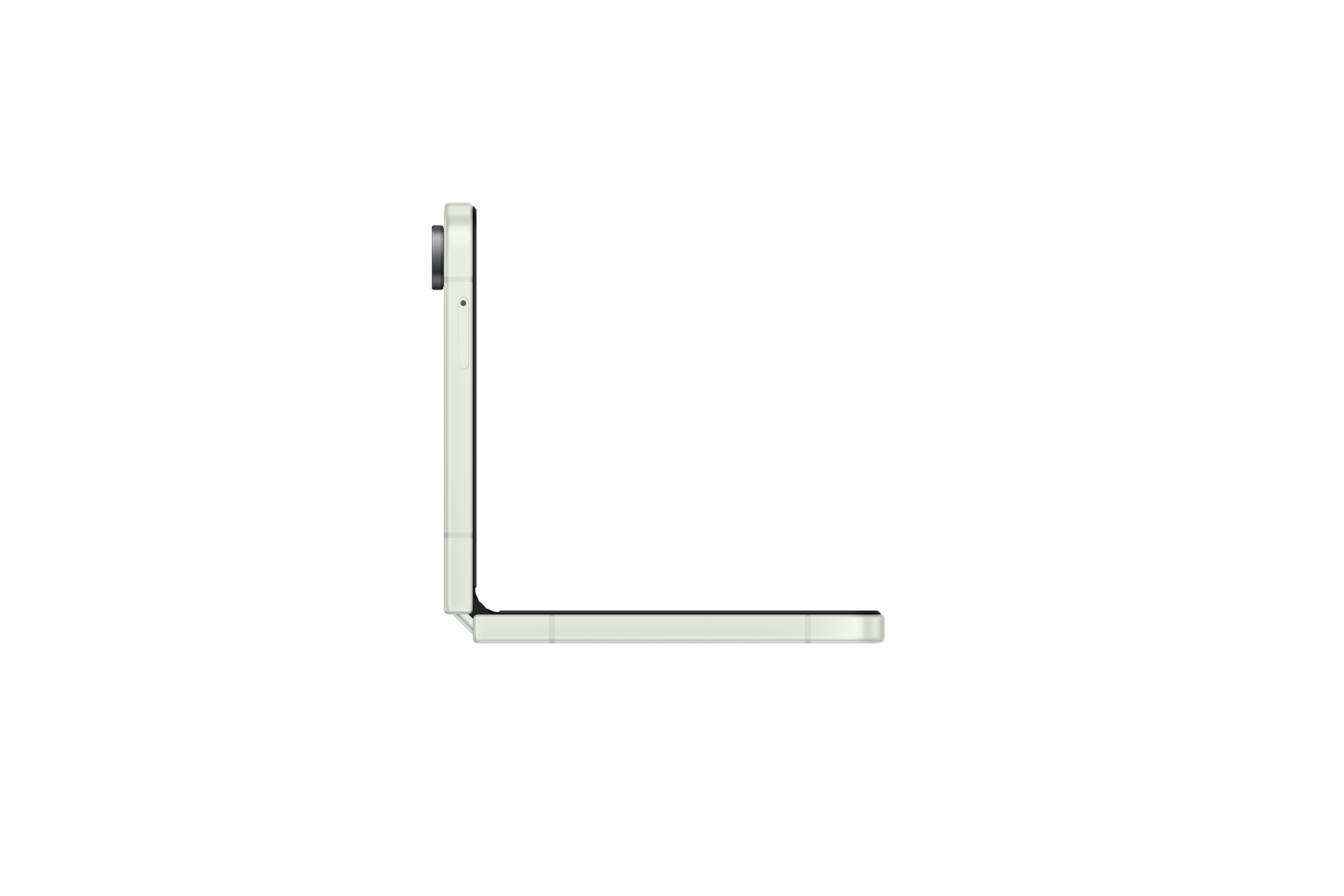 Uno smartphone pieghevole bianco a forma di L su sfondo nero.