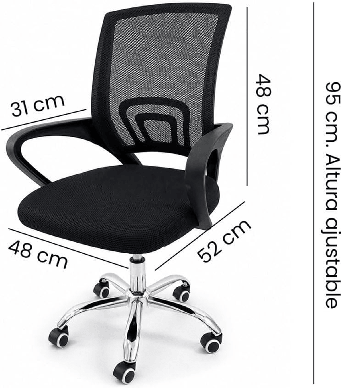 Una silla de oficina de malla negra con dimensiones en centímetros y base cromada con ruedas.