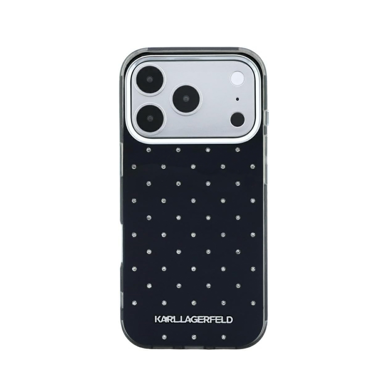 Funda de móvil negra con pedrería plateada y el logo de Karl Lagerfeld.