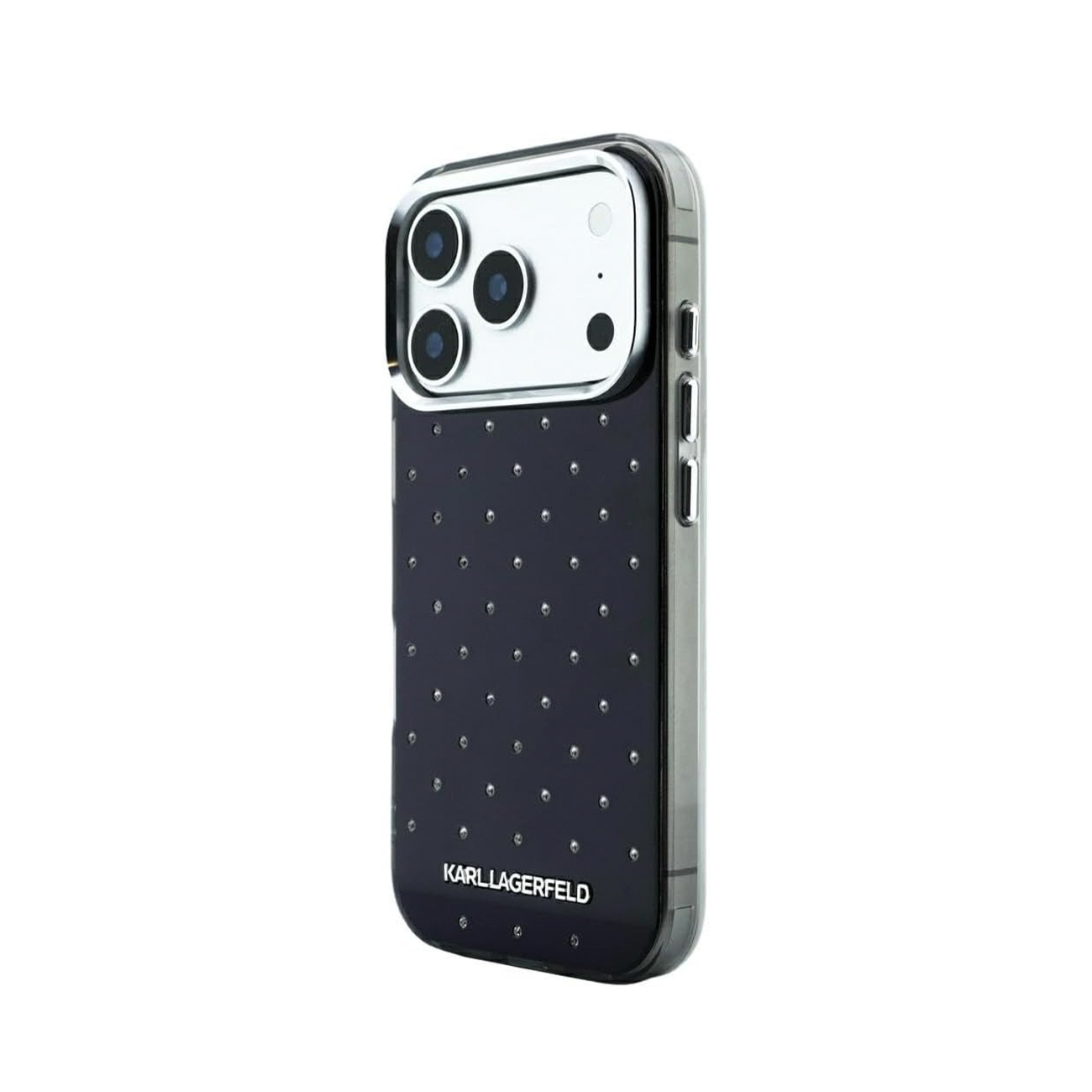 Funda de móvil negra de Karl Lagerfeld con tachuelas plateadas y recorte para cámara.