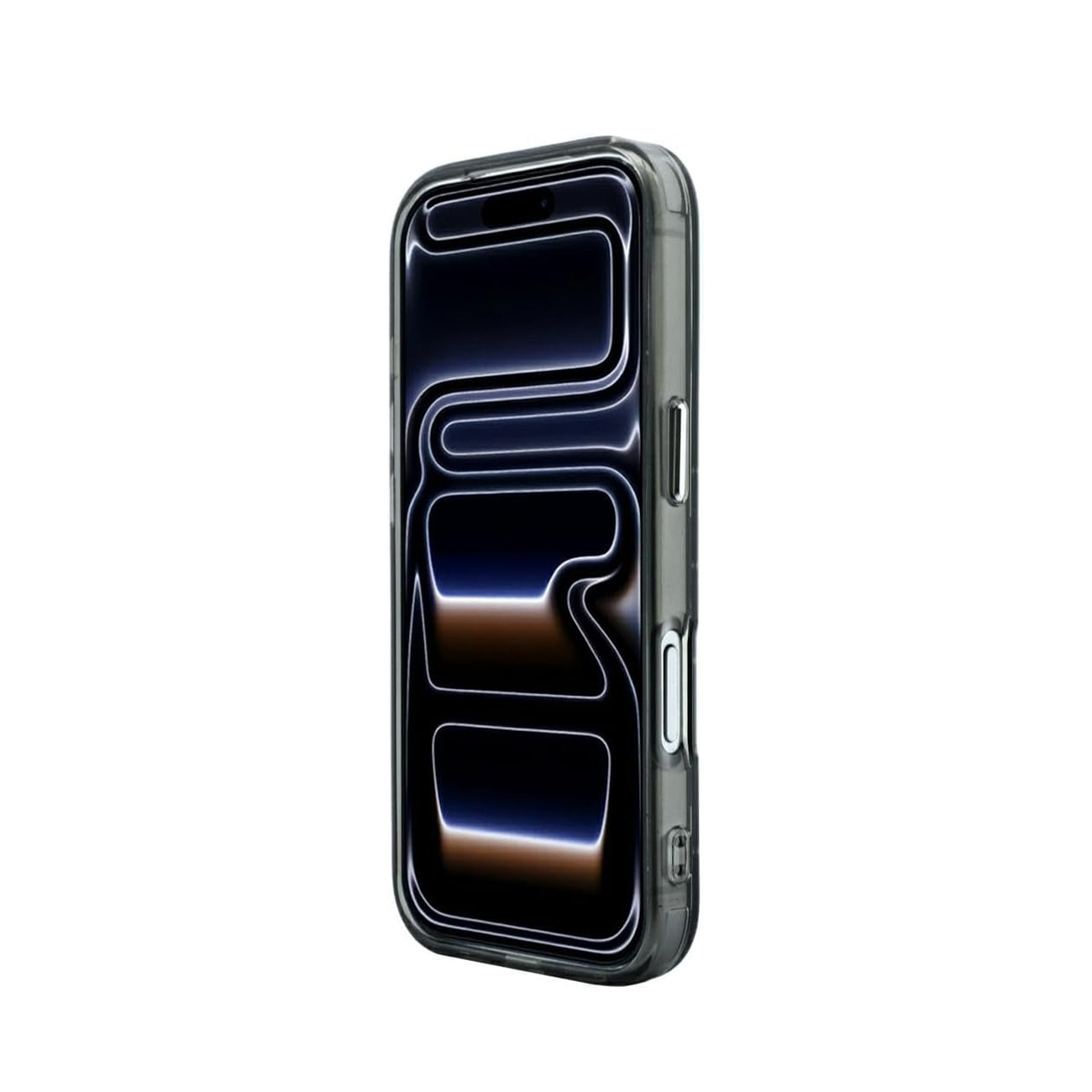 Un teléfono inteligente en una funda transparente muestra un fondo de pantalla abstracto oscuro sobre fondo blanco.