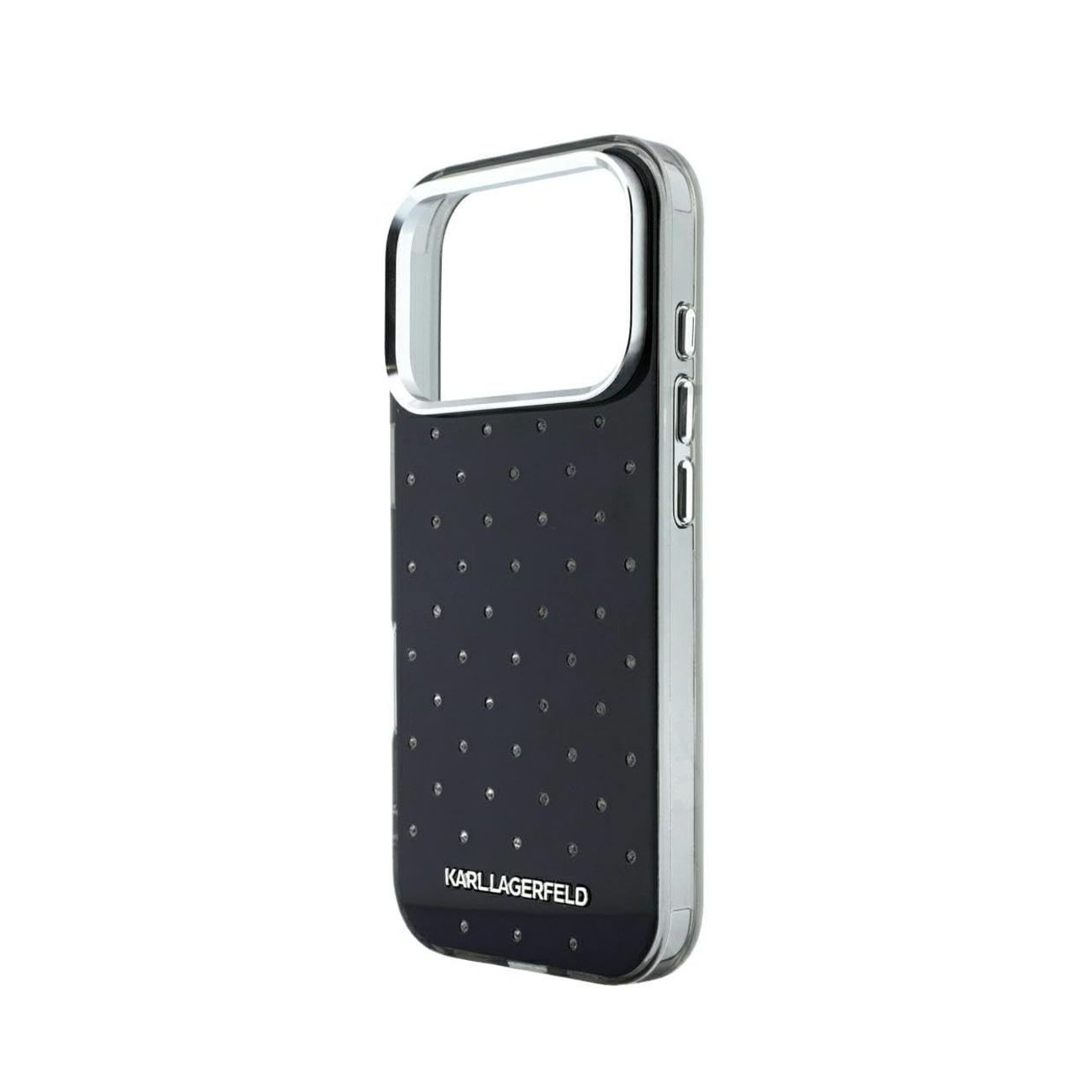 Una funda de móvil Karl Lagerfeld negra y brillante con marco de cámara plateado sobre fondo blanco.