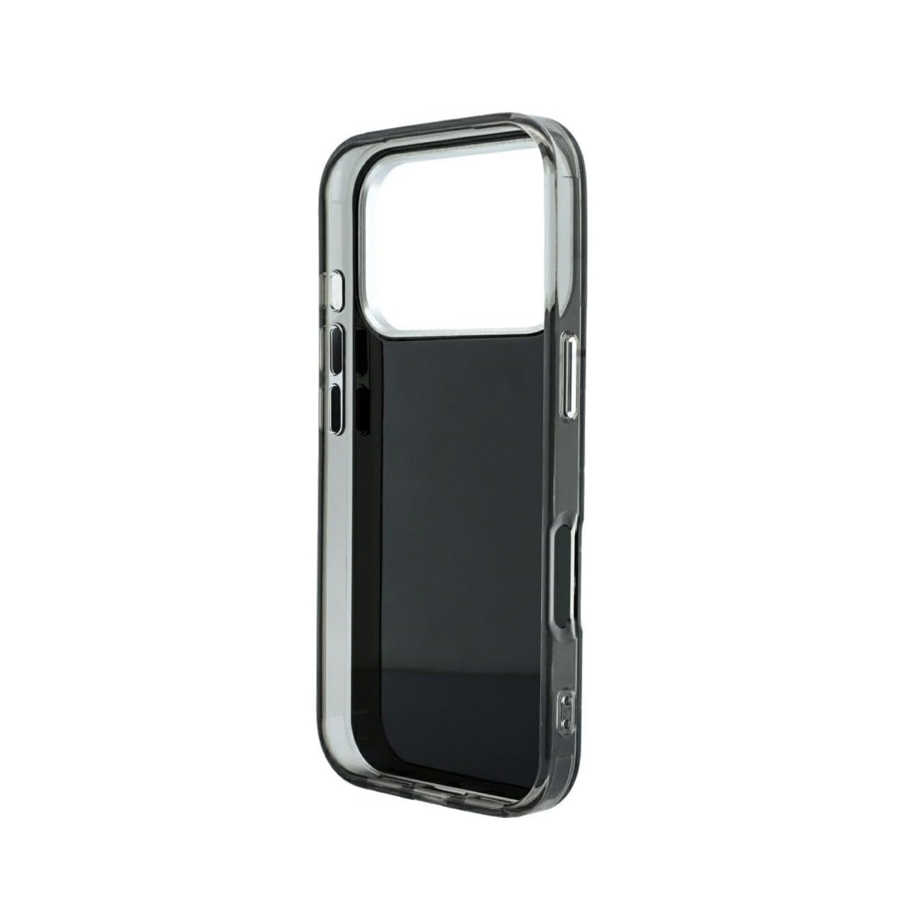 Una funda protectora de smartphone transparente y negra con recortes para cámara, botones y puertos sobre fondo blanco.