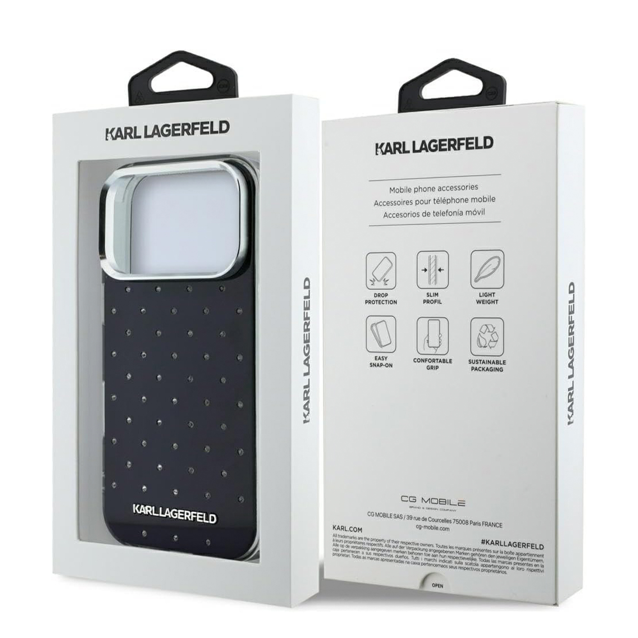 Funda de móvil Karl Lagerfeld en caja blanca con tachuelas de pedrería.