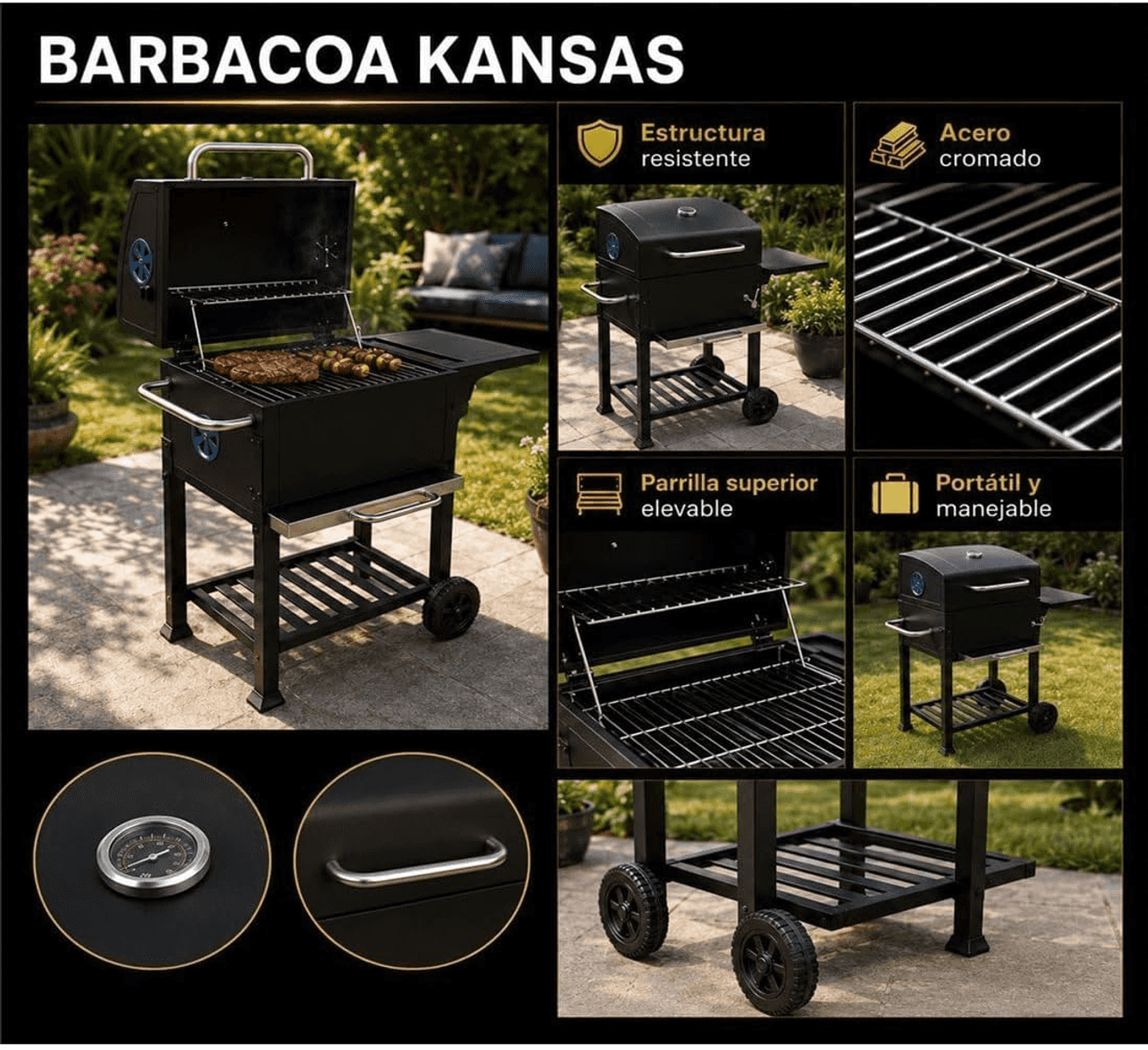 Resumen de producto de una barbacoa Kansas negra con parrillas de cromo, termómetro y ruedas.