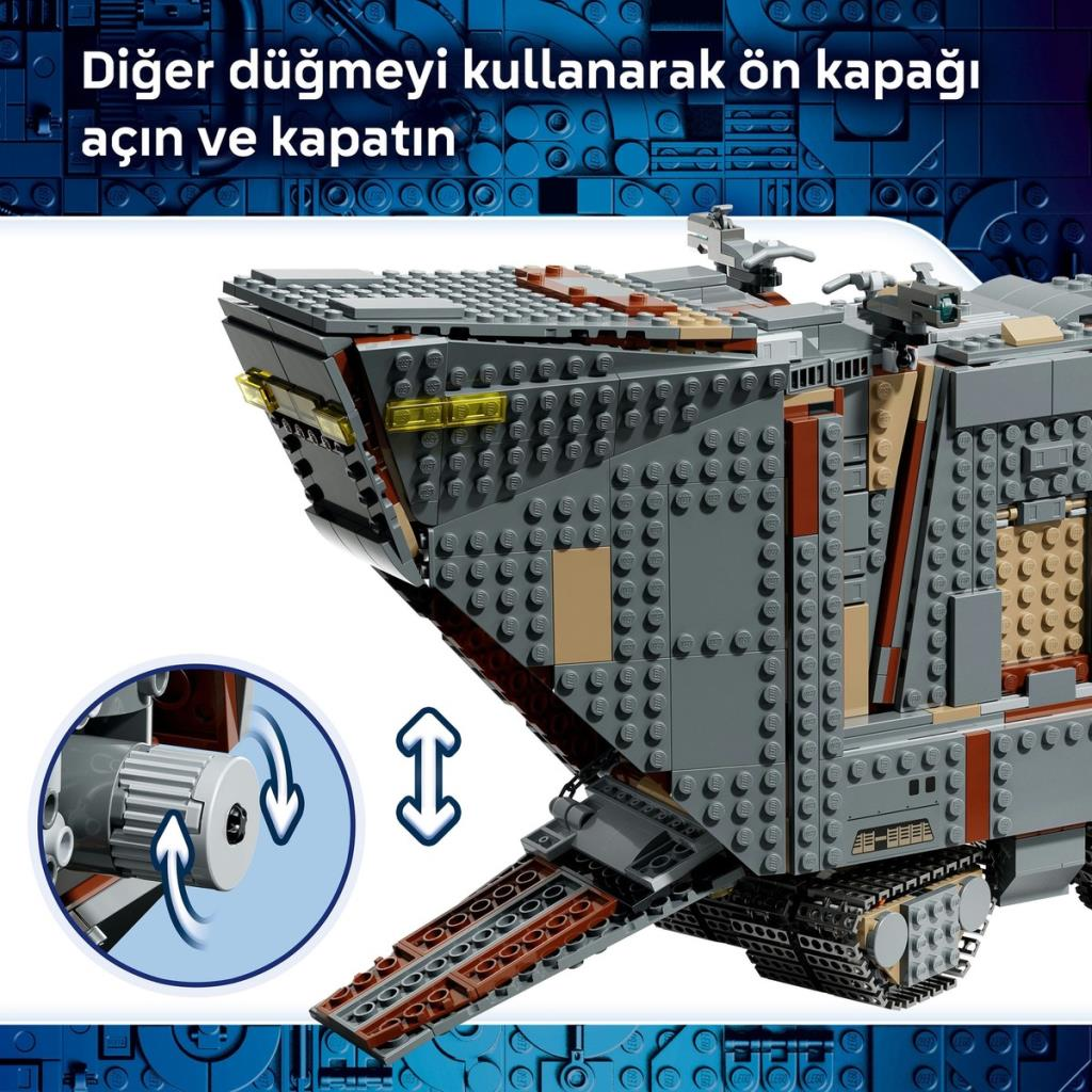 Pojazd z klocków Lego z otwartą przednią częścią i pokrętłem na wstawce.