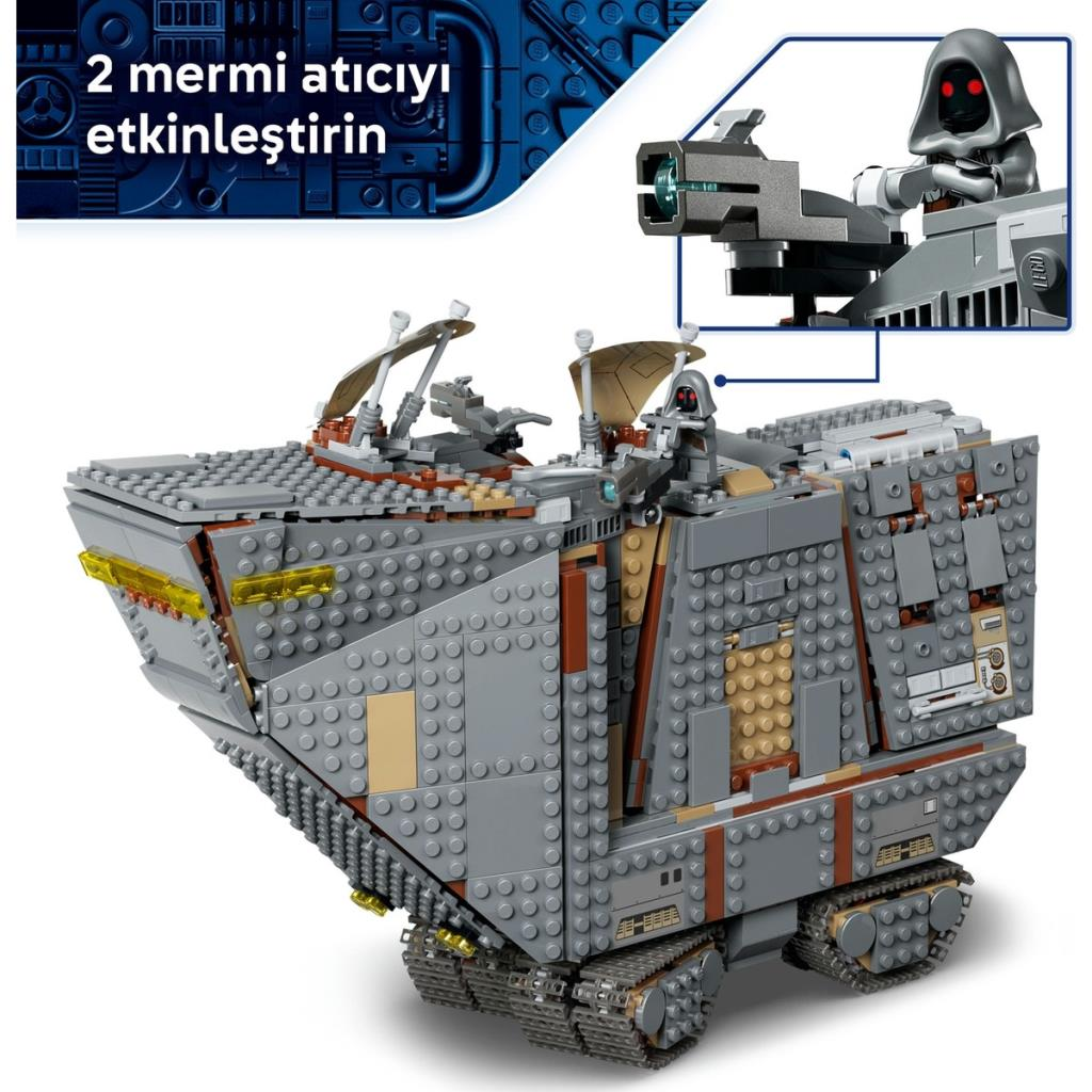 Czolg Lego Star Wars z szarymi klockami, gasienicami i minifigurka z blasterem.