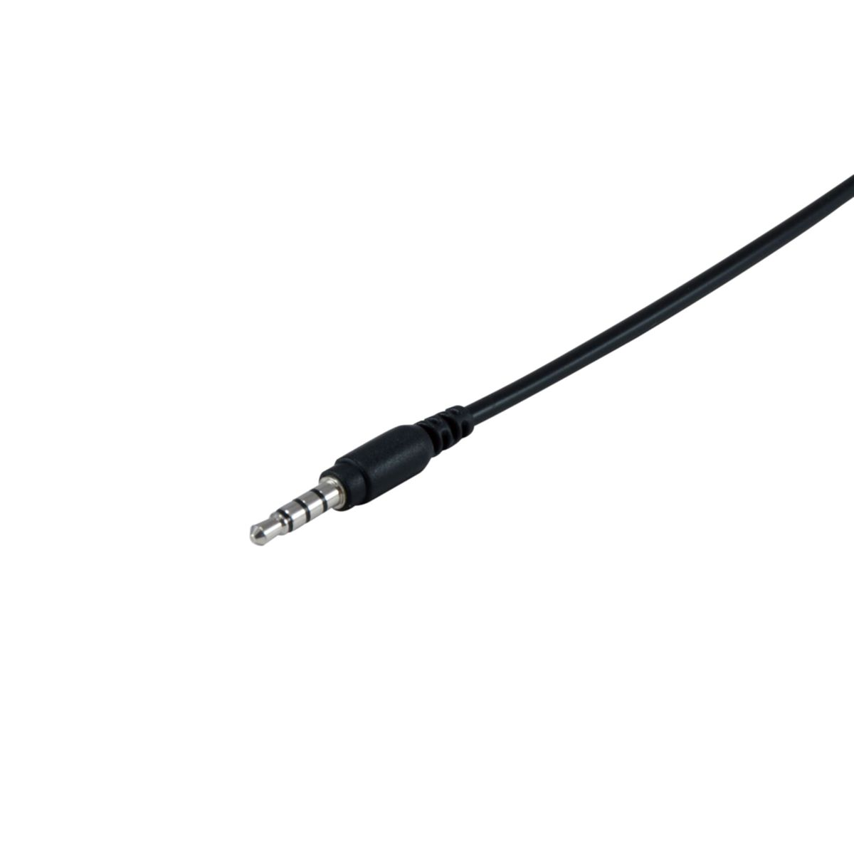 Un câble audio noir avec prise jack argentée de 3,5 mm sur fond blanc.