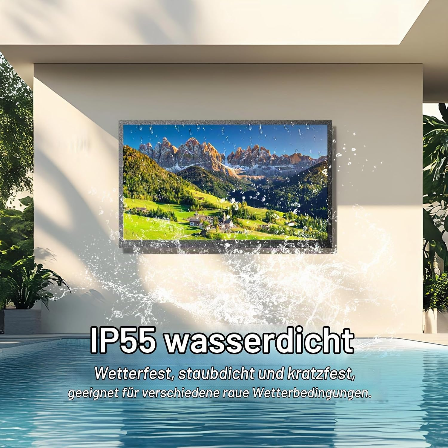 Televisor resistente al agua en una pared sobre una piscina, con salpicaduras y paisaje de montaña.