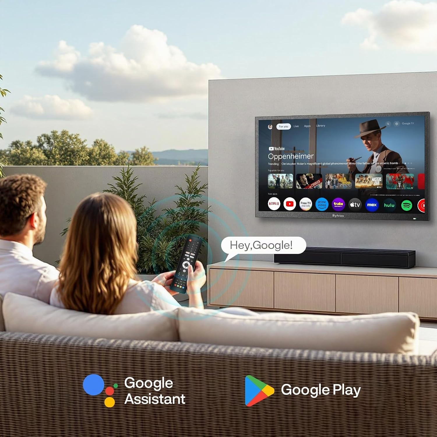 Una pareja se sienta en una terraza frente al televisor usando el Asistente de Google.