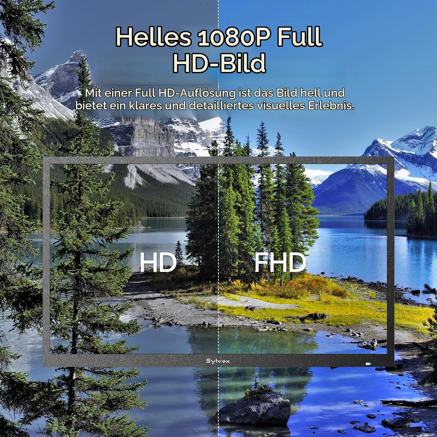 Comparación de calidad de pantalla HD y FHD con paisaje de montaña y bosque.