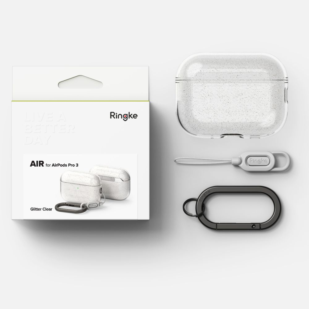 Custodia Ringke Air per AirPods Pro 3 in Glitter Clear con confezione, laccio e moschettone.