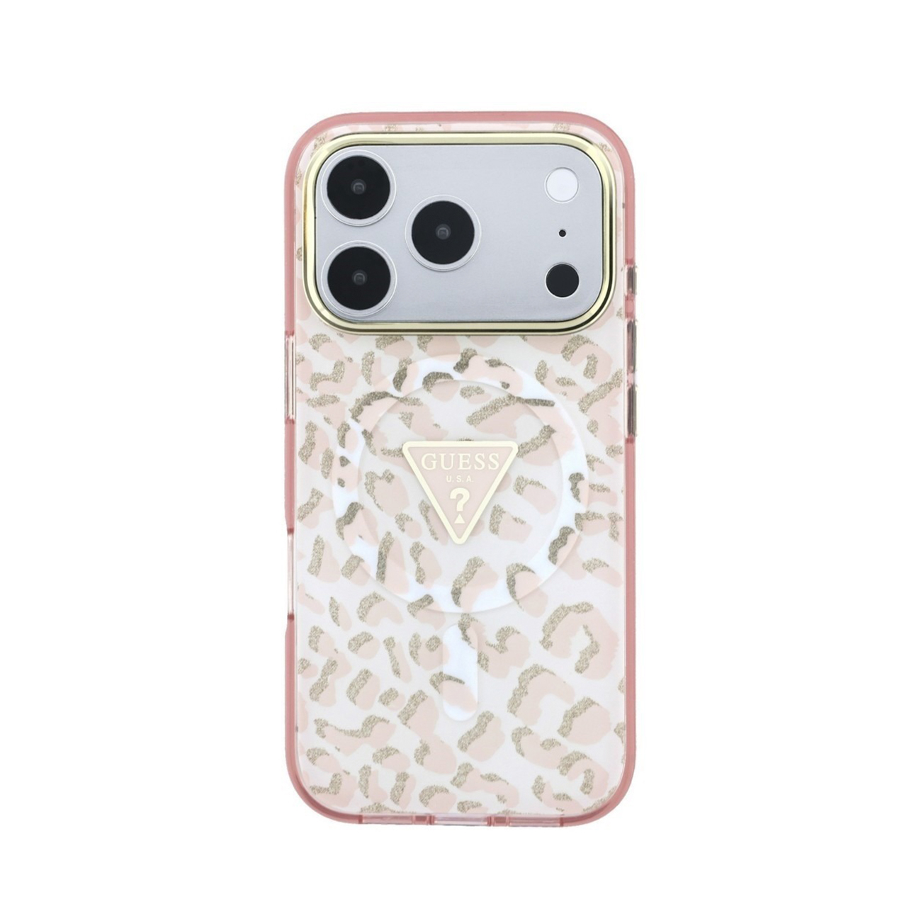Funda de móvil con estampado de leopardo rosa y dorado, logotipo de Guess y módulo de cámara plateado.