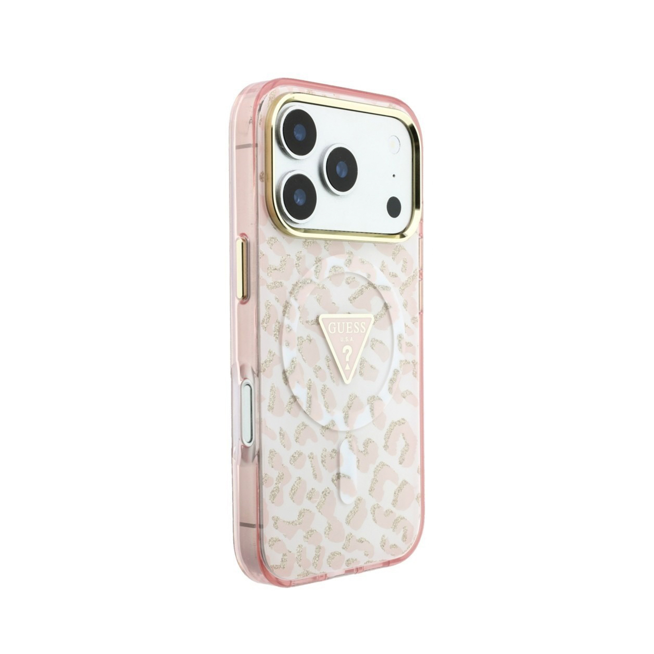 Funda de teléfono rosa con estampado de leopardo, marco de cámara dorado y logotipo de Guess.