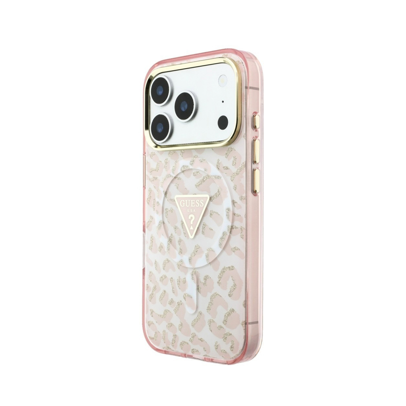 Funda de móvil rosa con estampado animal, borde de cámara dorado y logotipo de Guess.