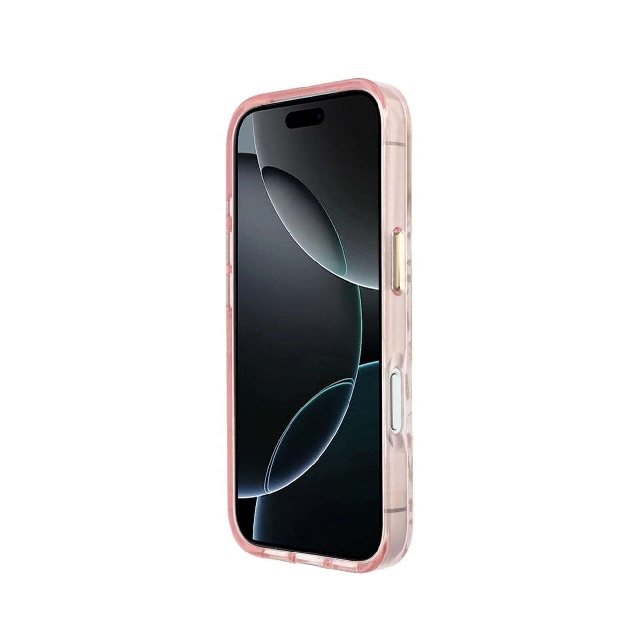 Un teléfono inteligente en una funda protectora rosa translúcida, sobre fondo blanco.