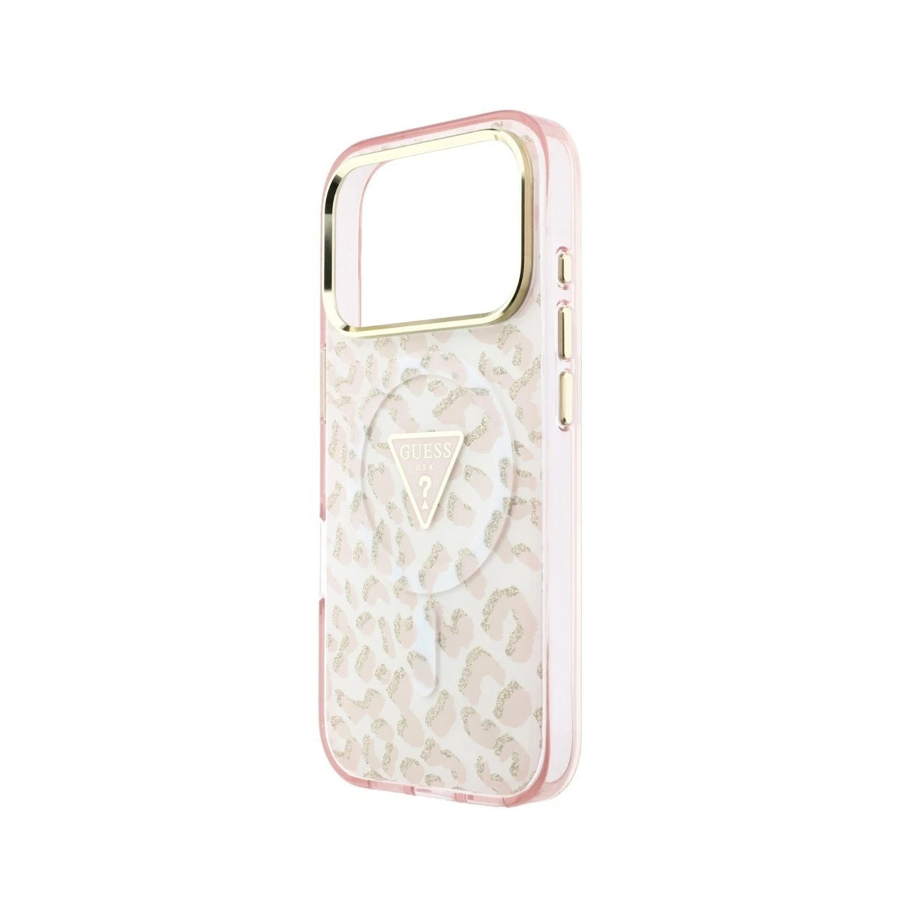 Funda de teléfono rosa con estampado de leopardo dorado y logotipo de Guess.
