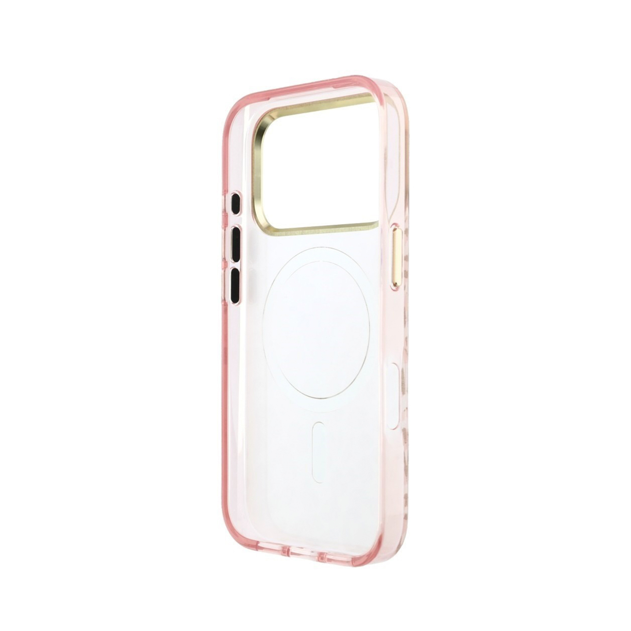 Una funda de smartphone rosa transparente con marco de cámara dorado y anillo MagSafe sobre fondo blanco.