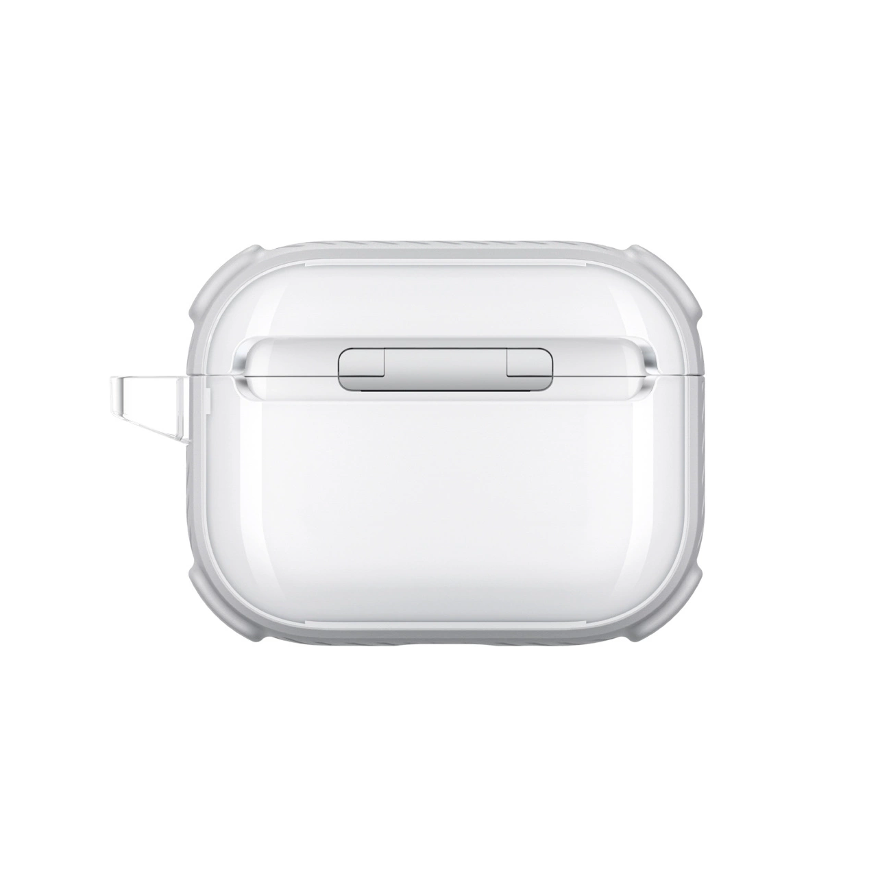 Una custodia protettiva trasparente per AirPods mostrata frontalmente su sfondo bianco.