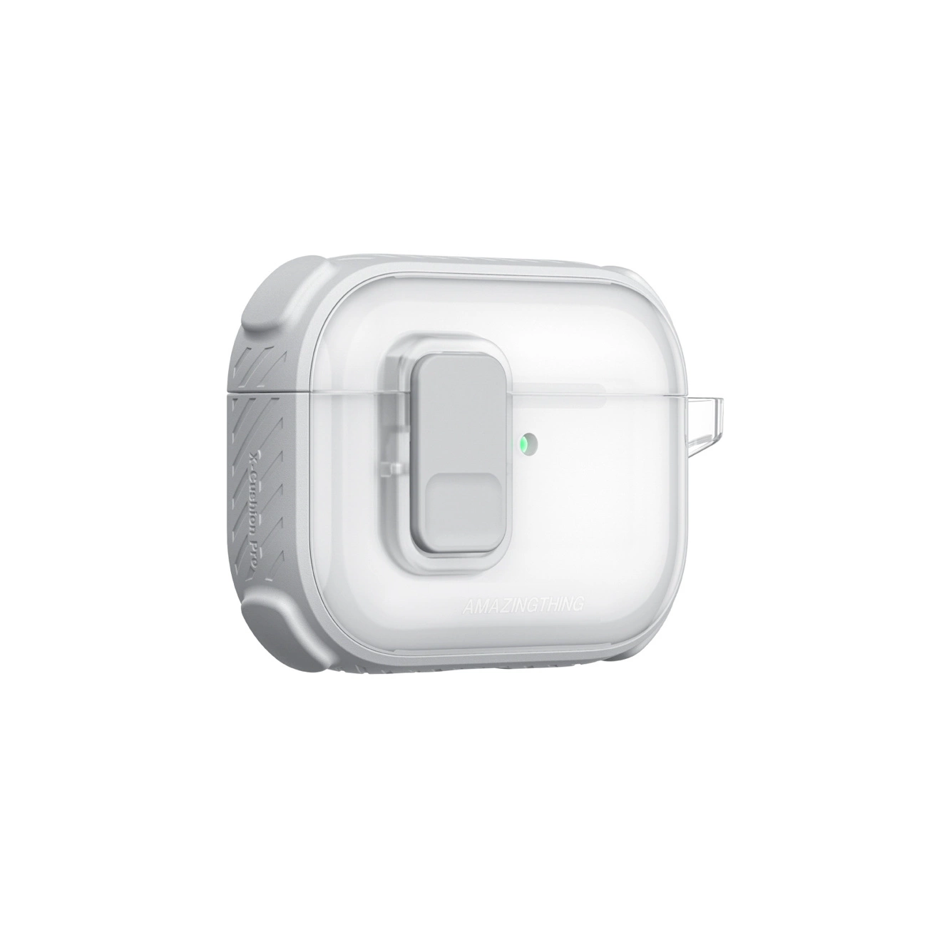 Custodia protettiva trasparente bianca per auricolari wireless con chiusura grigia e LED verde.