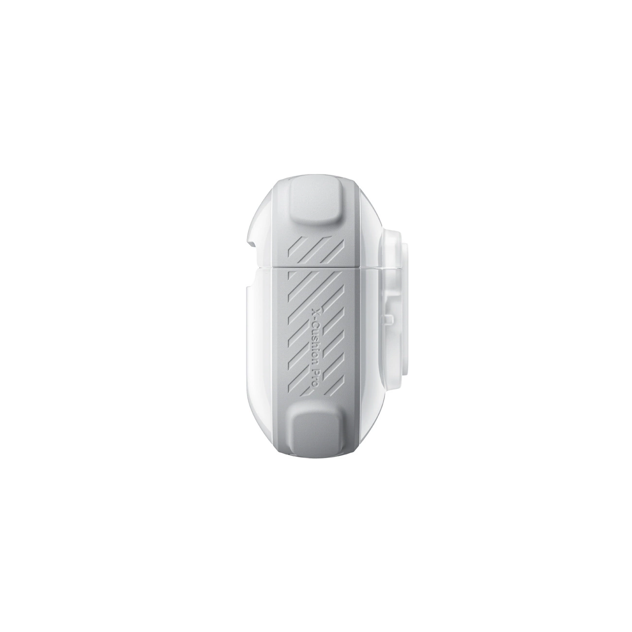 Custodia protettiva bianca X-Cushion Pro per auricolari con clip, vista laterale su sfondo bianco.