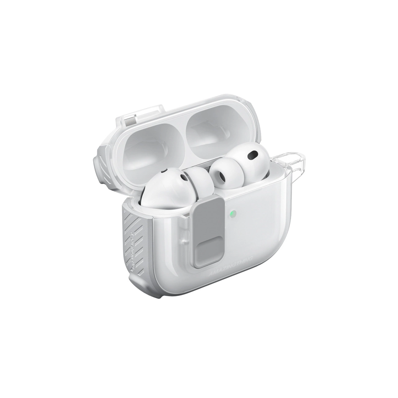 Auricolari wireless bianchi in una custodia protettiva trasparente con chiusura grigia su sfondo bianco.