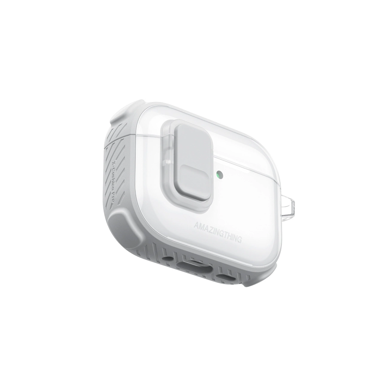 Custodia protettiva bianca e trasparente per auricolari wireless con chiusura di sicurezza.