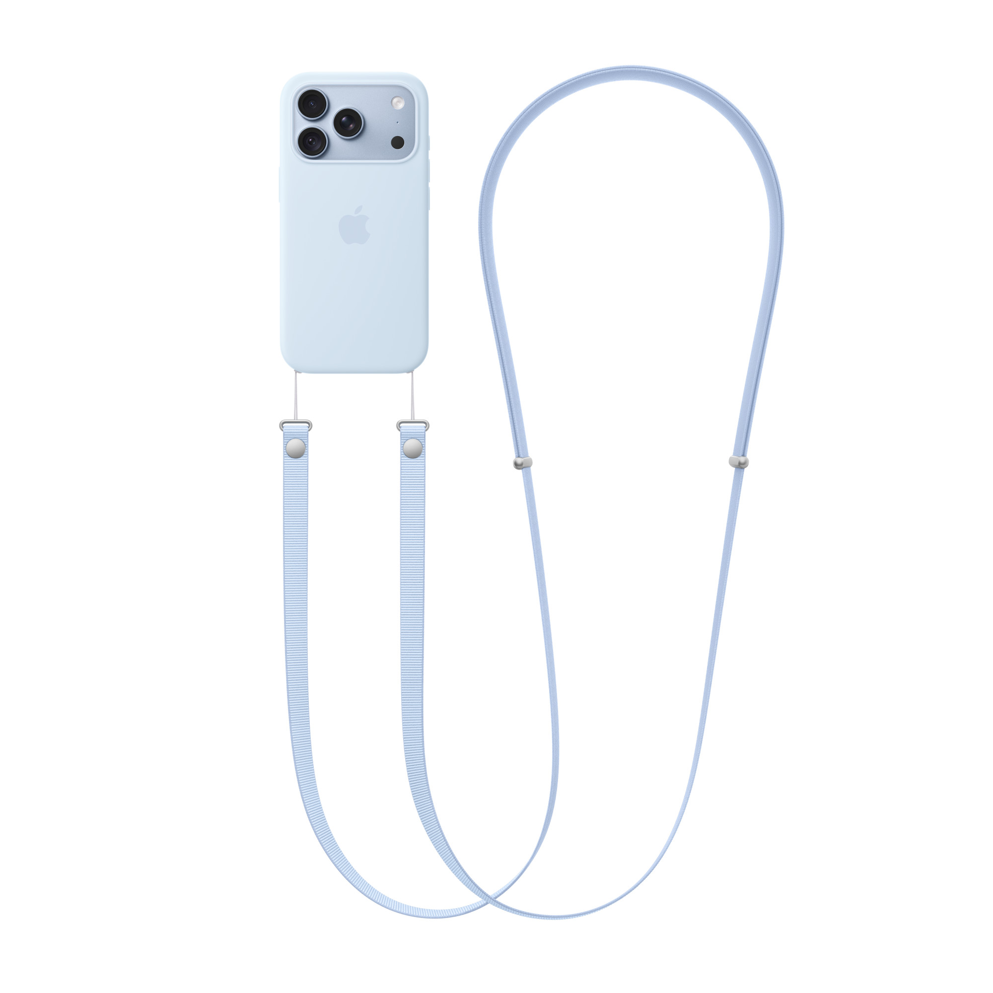 iPhone azzurro in custodia con cordino abbinato su sfondo bianco.