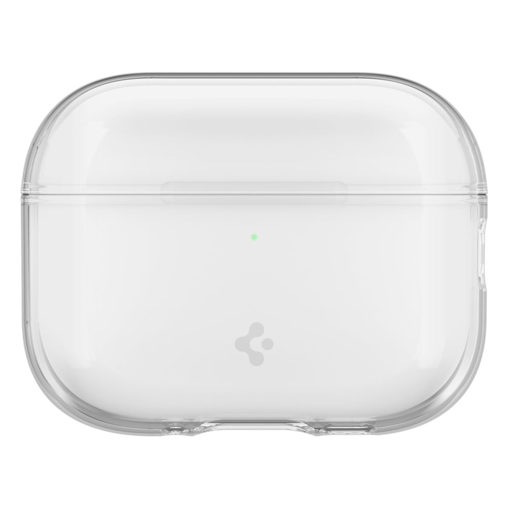 Custodia protettiva trasparente per AirPods con punto LED verde e logo.