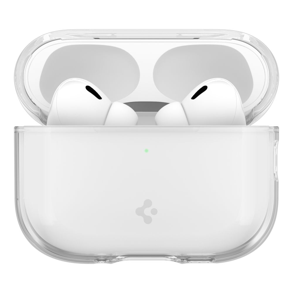 Auricolari wireless bianchi in una custodia di ricarica trasparente aperta su sfondo neutro.