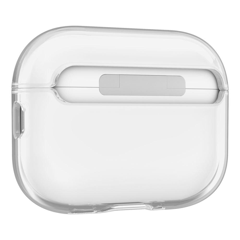 Custodia protettiva trasparente per custodia di ricarica AirPods su sfondo bianco.