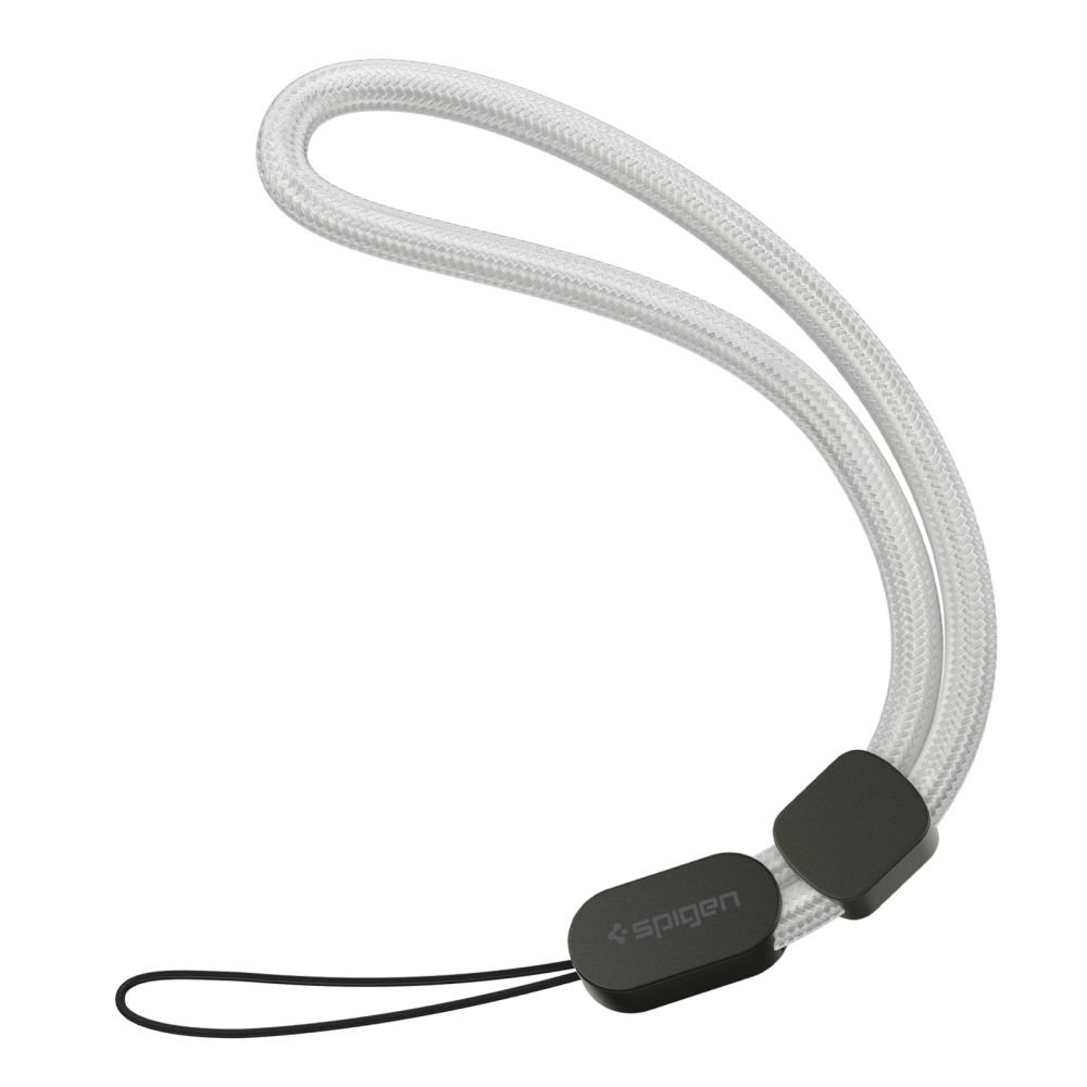 Laccetto da polso intrecciato bianco con connettore nero e sottile anello nero su sfondo bianco.